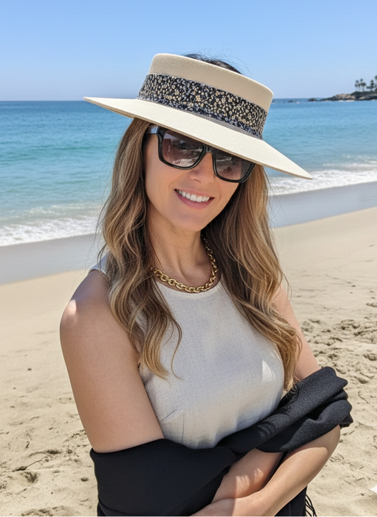 Woman on a beach wearing a wide-brimmed hat and sunglasses with a clear blue sky and ocean in the background.
