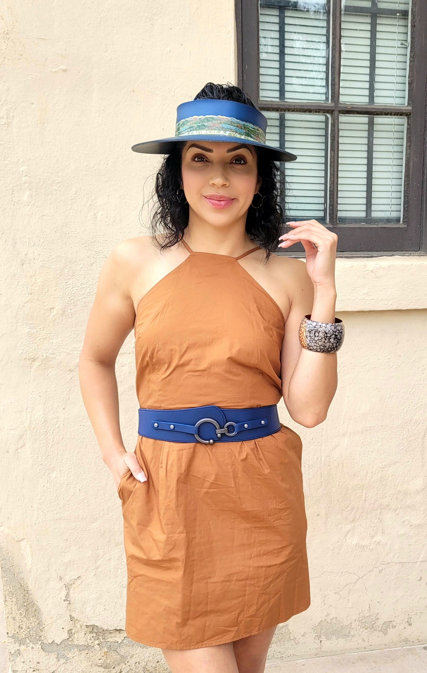 Navy Blue "LadyEVA" Visor Hat with Green and Golden Band