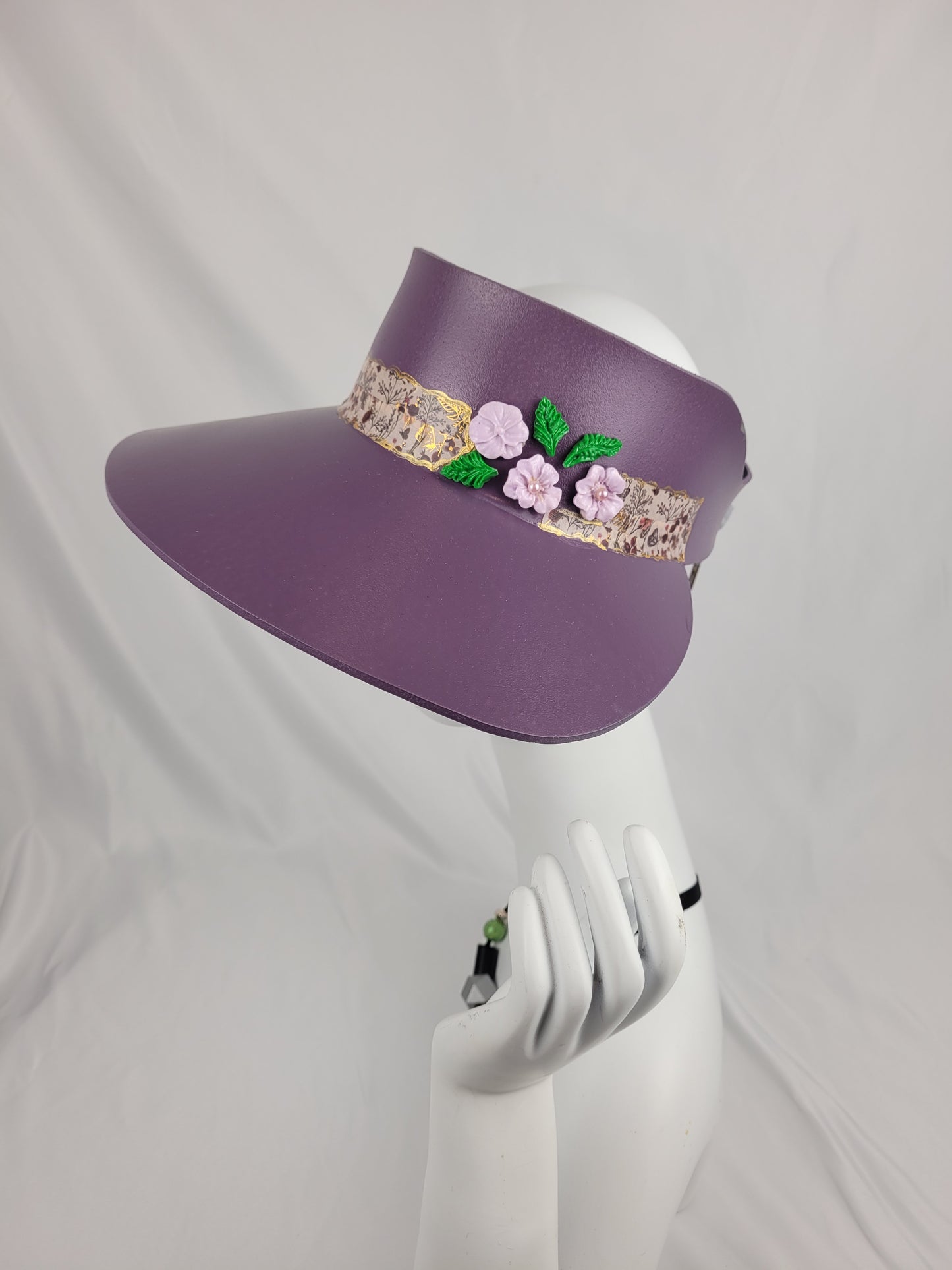 Tall Purple Visor Hat - Floral Band and Polymer Clay Flowers