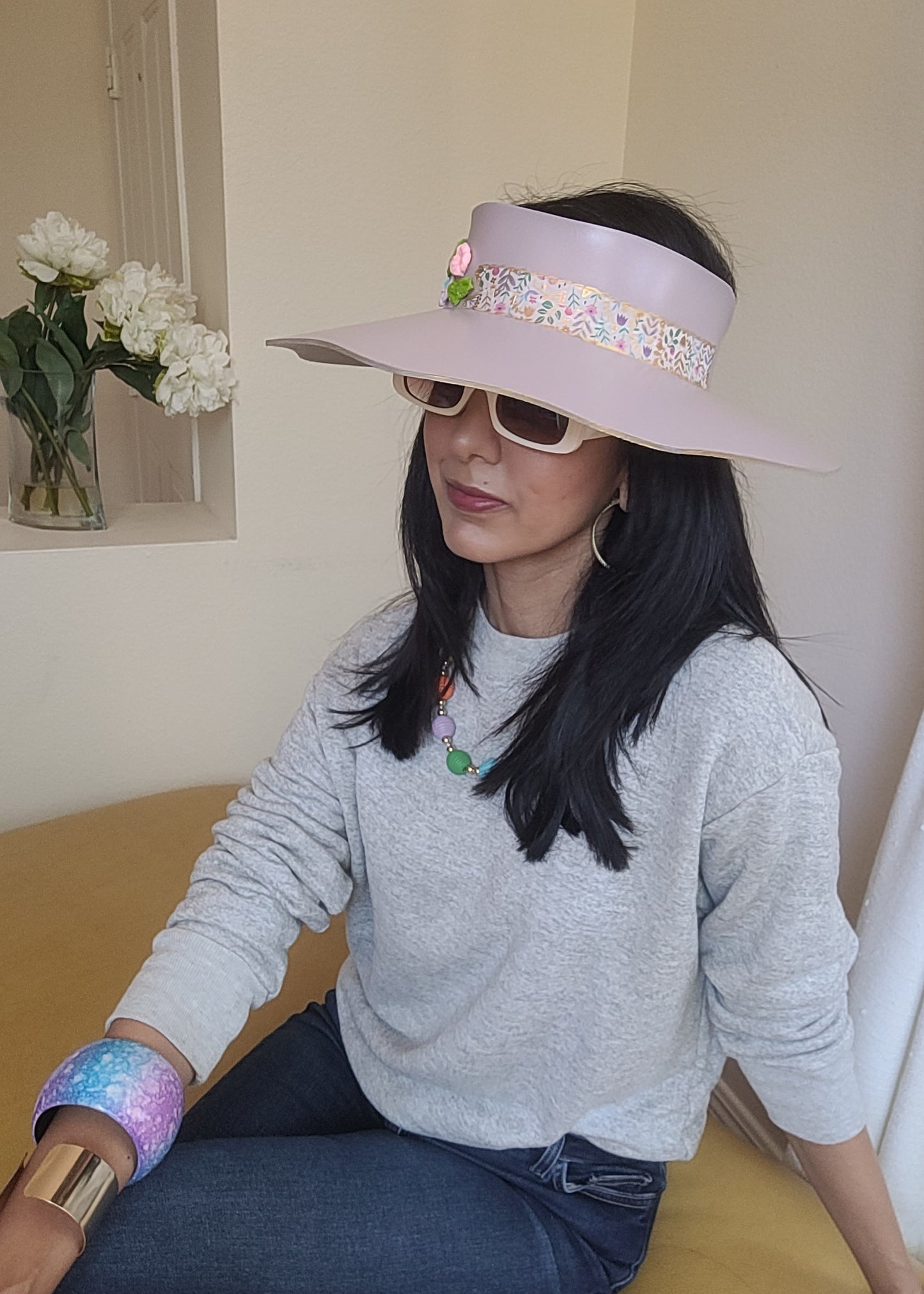 Lavender Lotus Visor with Fun Floral Band and Pastel Flowers