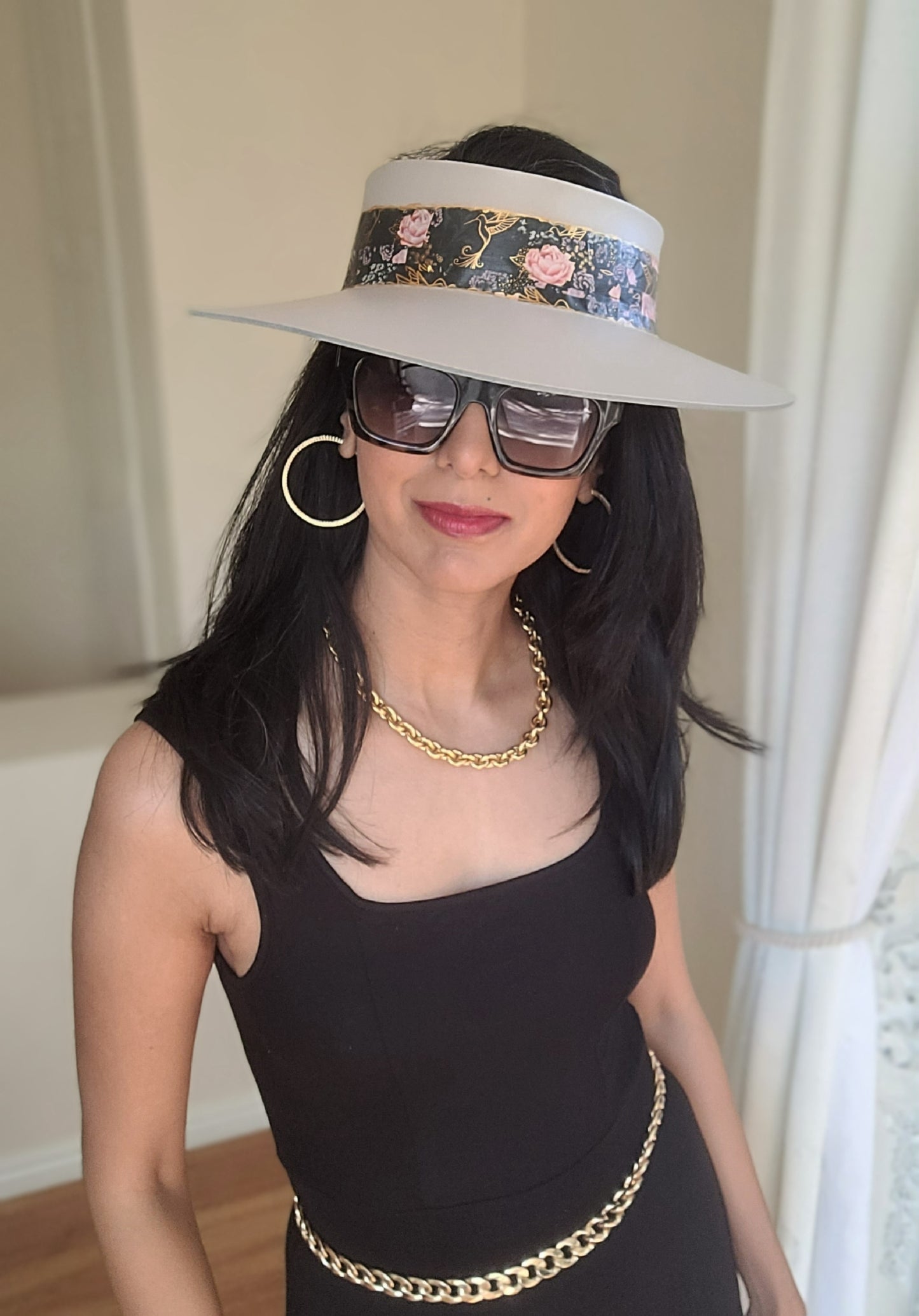 Taupe "LadyEVA" Visor Hat with Black Floral Band and Handpainted Floral Motif
