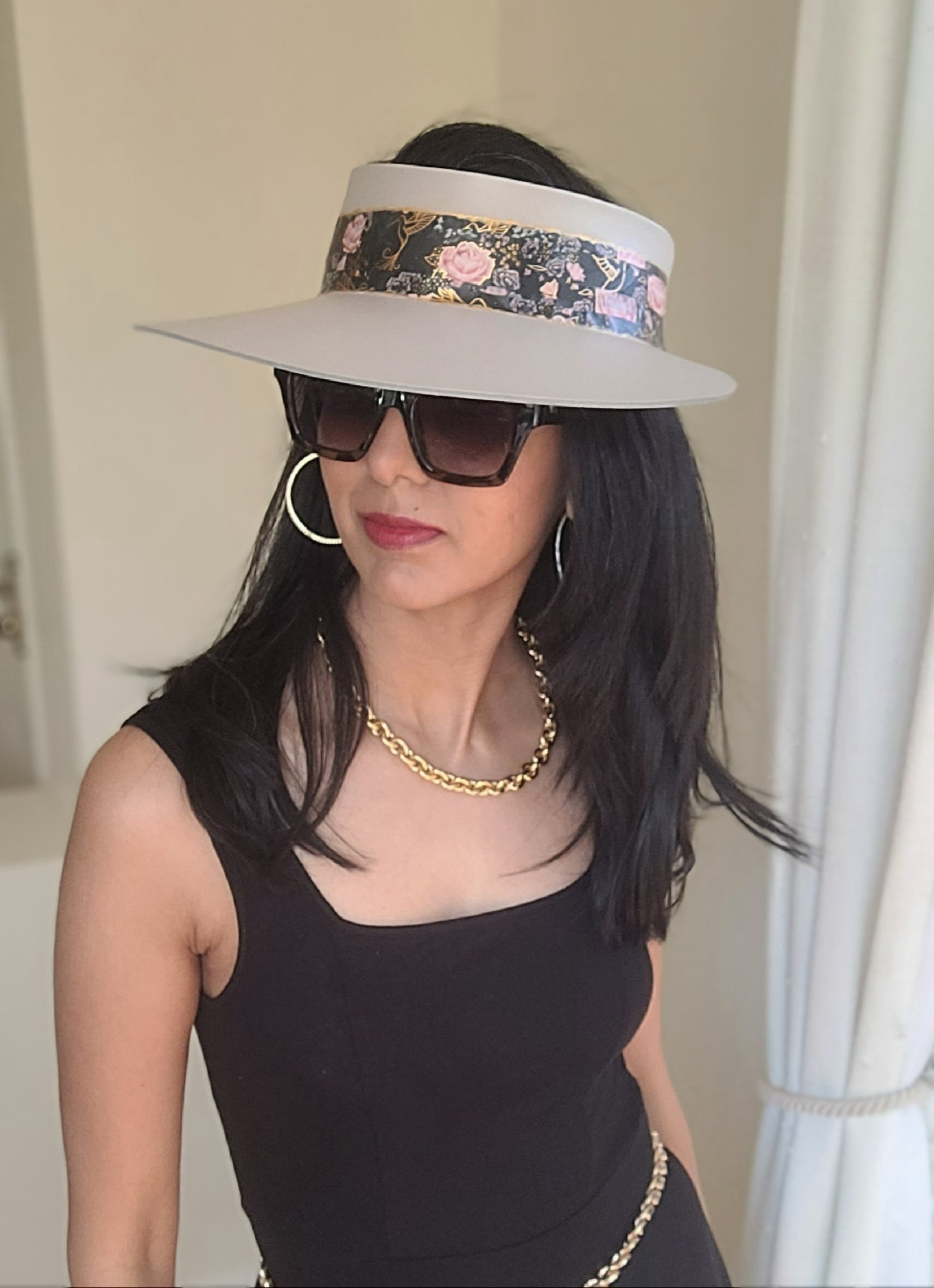 Taupe "LadyEVA" Visor Hat with Black Floral Band and Handpainted Floral Motif