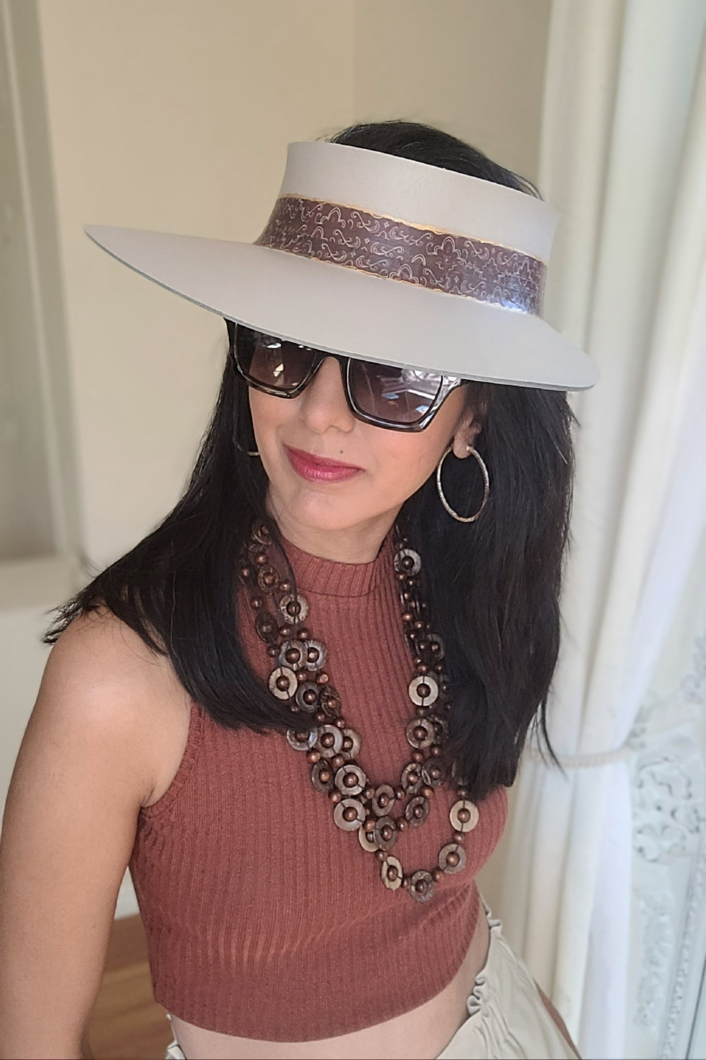 Taupe "LadyEVA" Visor Hat with Burgundy Brown Band