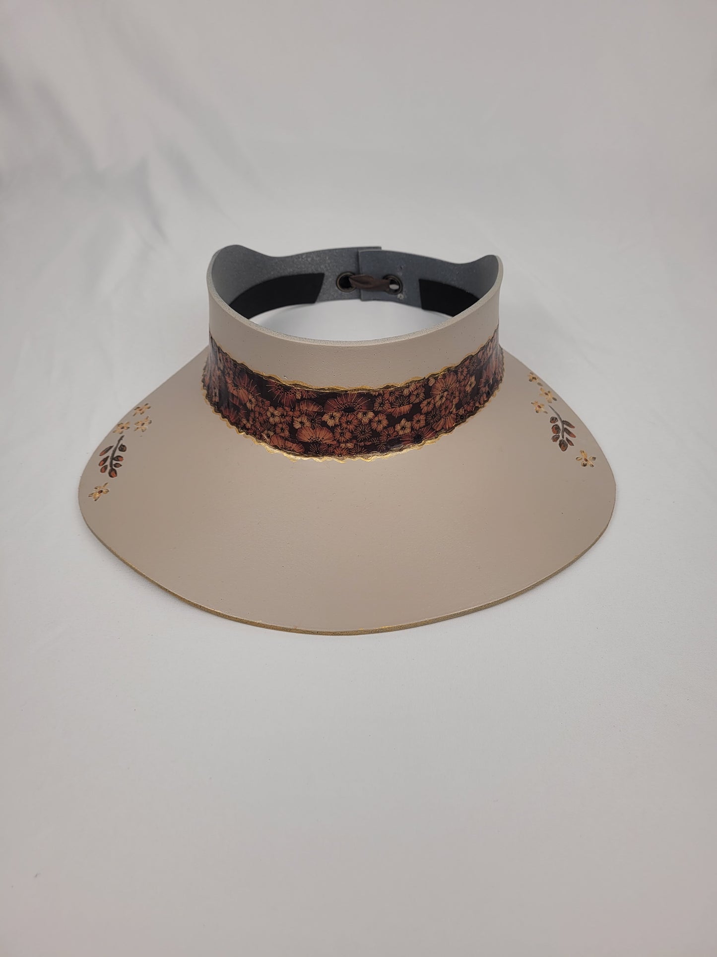 Taupe "LadyEVA" Visor Hat with Rust and Copper Floral Band and Handpainted Floral Motifs