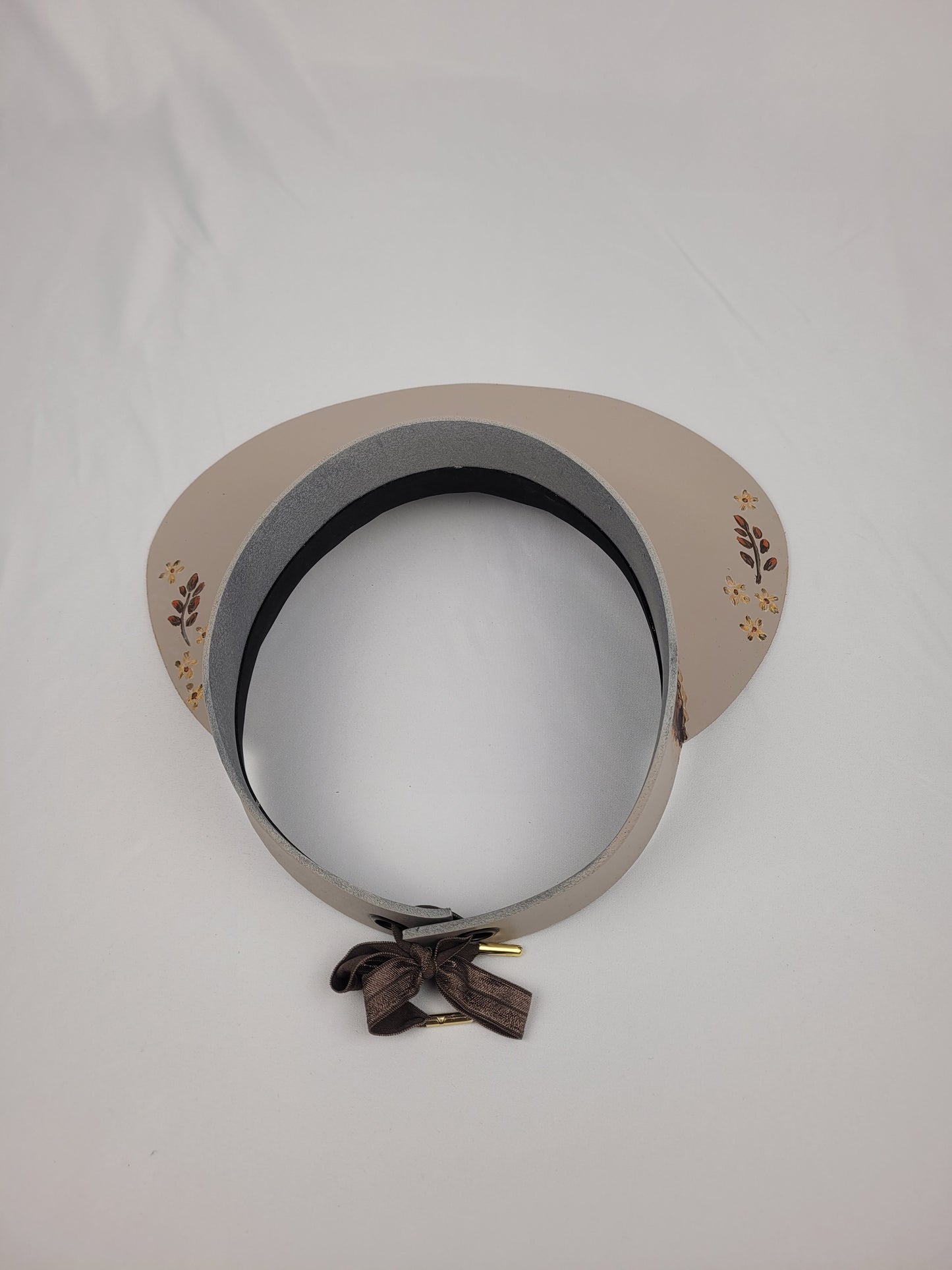 Taupe Visor Hat - Brown Floral Band and Hand painted Floral Motifs