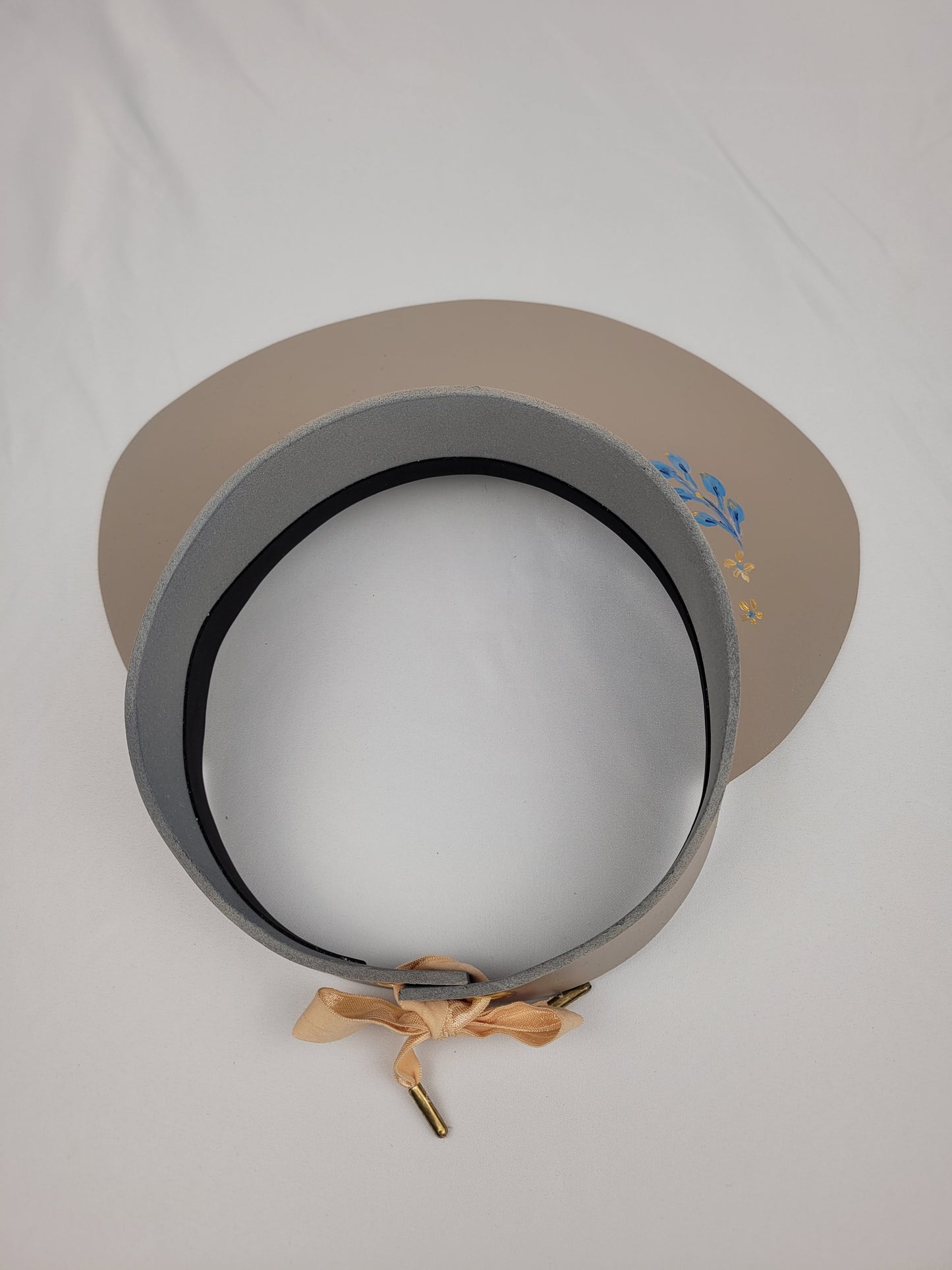 Taupe "LadyEVA" Hat with Blue and Golden Band and Handpainted Floral Motif