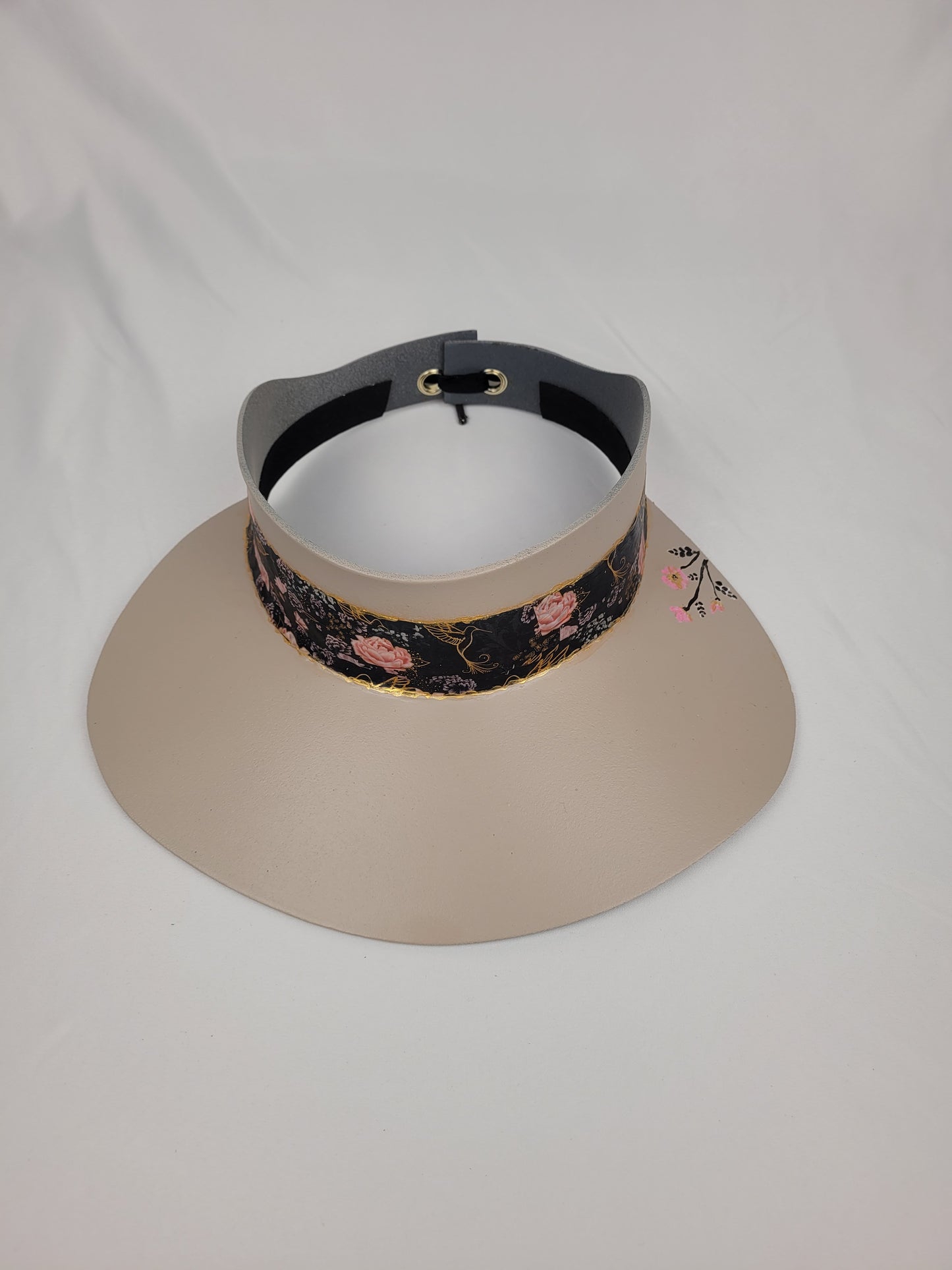 Taupe "LadyEVA" Visor Hat with Black Floral Band and Handpainted Floral Motif