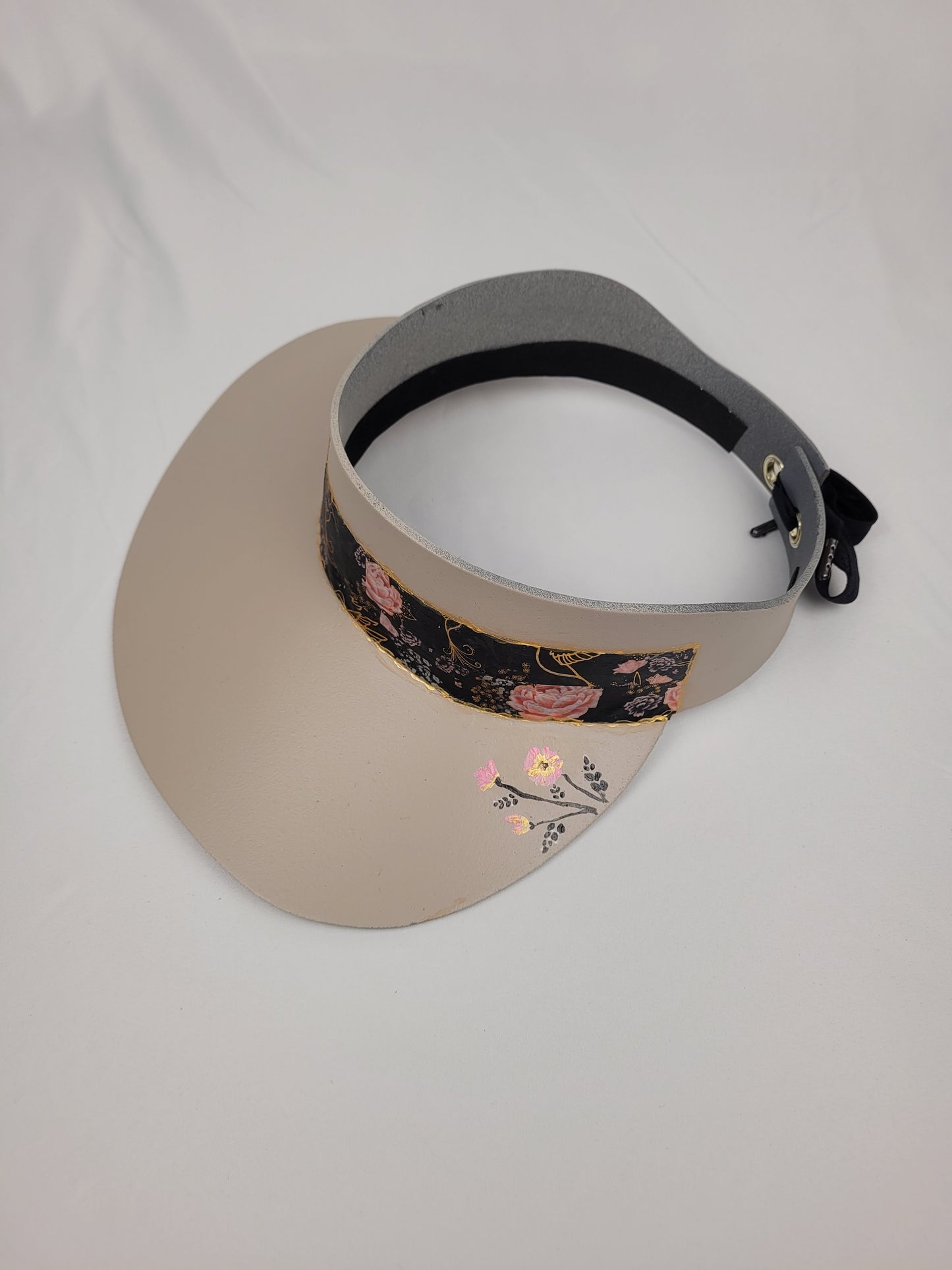 Taupe Visor Hat - Black Floral Band and Handpainted Floral Motif