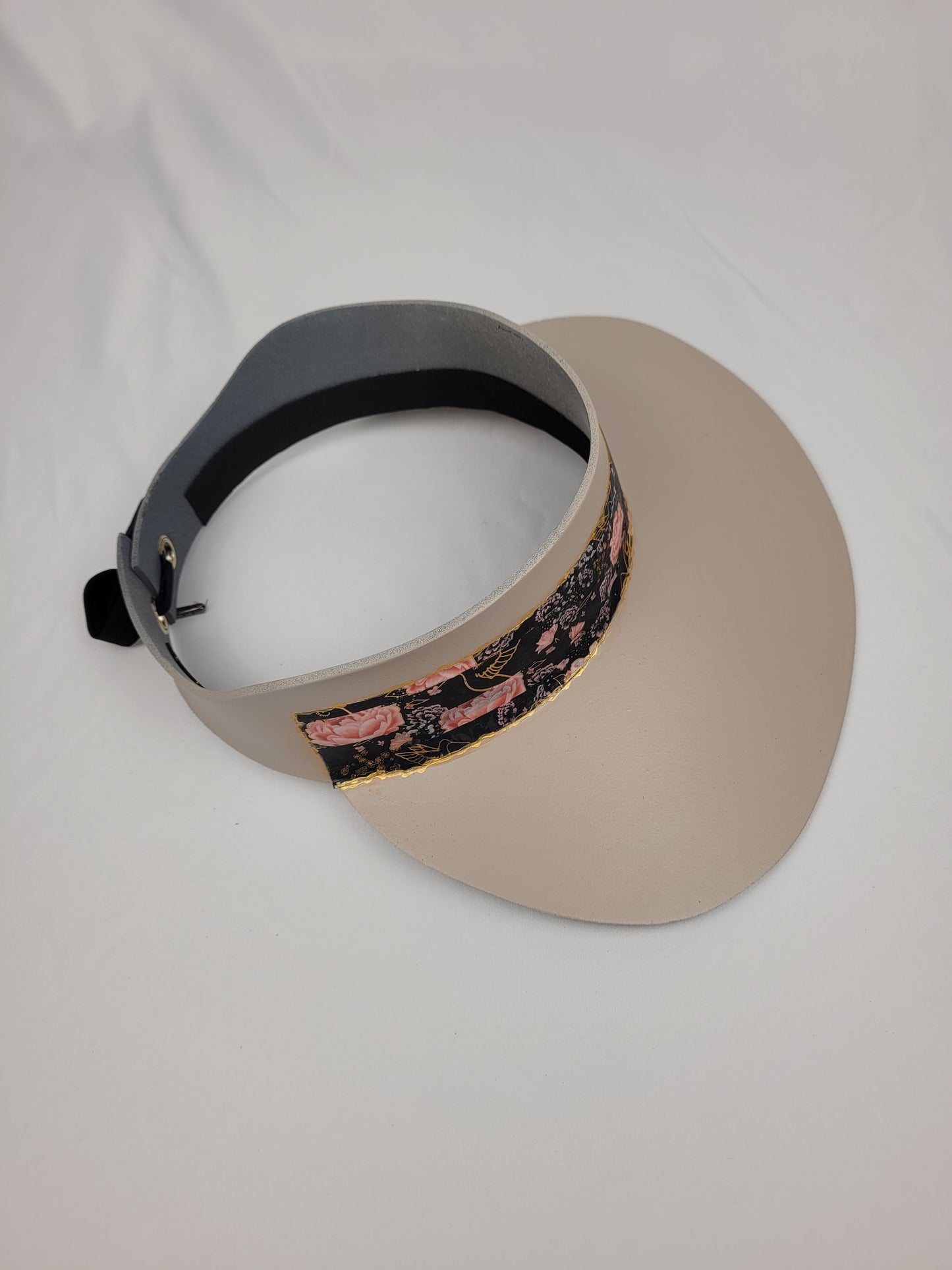 Taupe "LadyEVA" Visor Hat with Black Floral Band and Handpainted Floral Motif