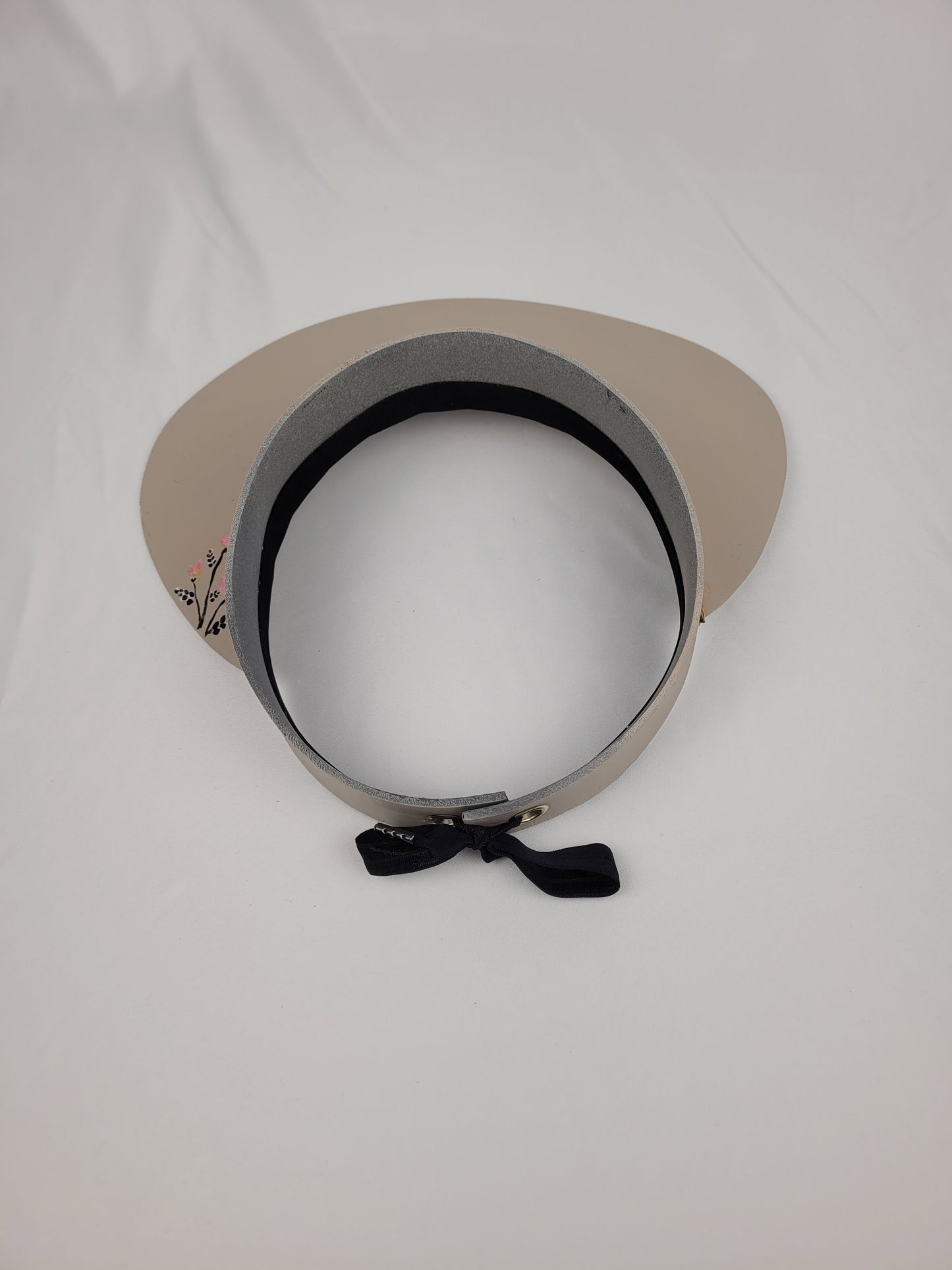 Taupe Visor Hat - Black Floral Band and Handpainted Floral Motif