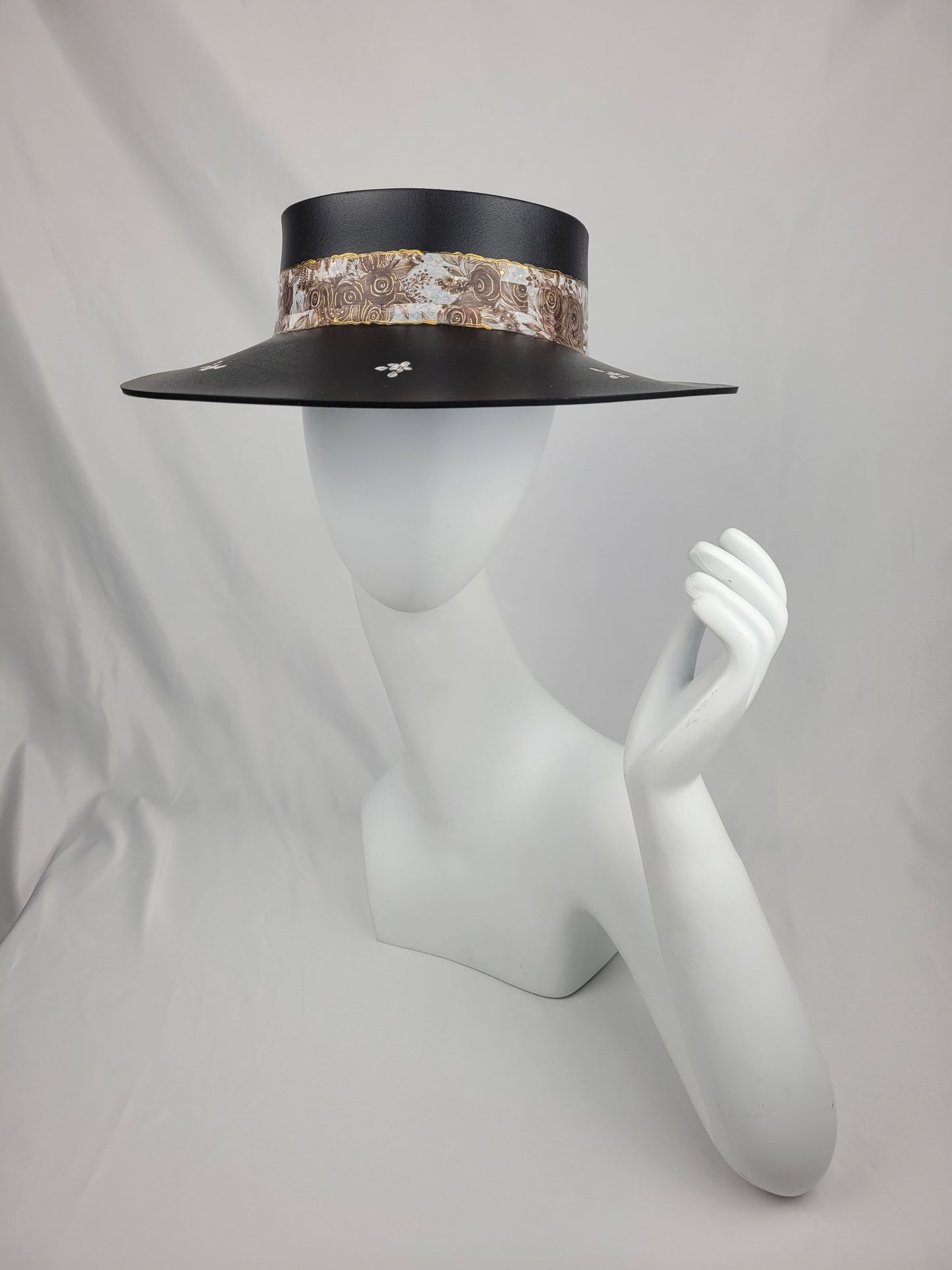 Black "LadyEVA" Visor Hat with Espresso Floral Band, and HandPainted Floral Motif
