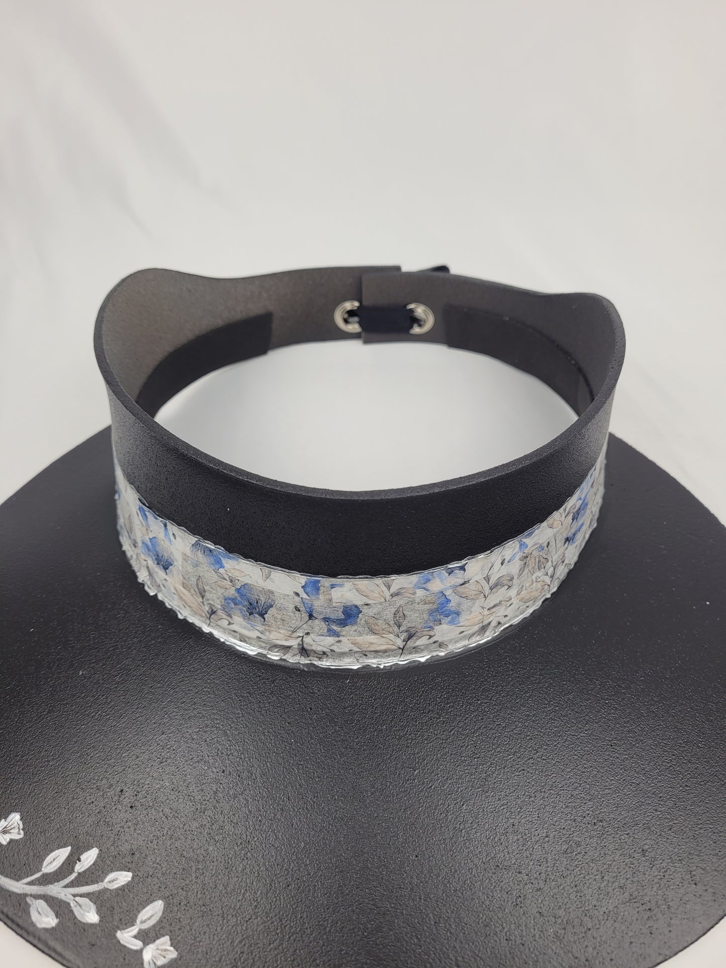 Black Visor Hat - Pale Blue Floral Band and Hand Painted Floral Motif
