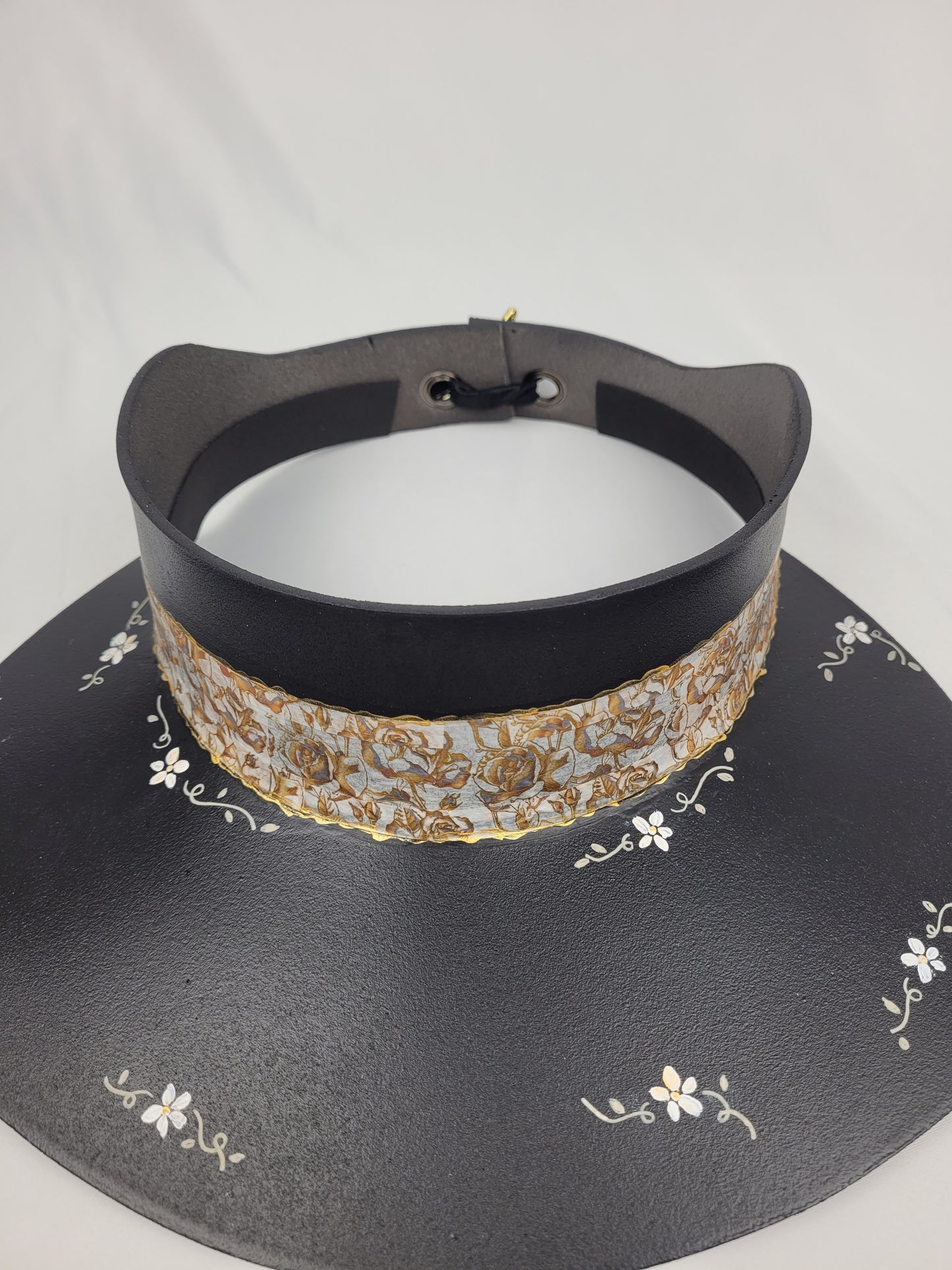 Black Visor Hat - Golden Floral Band and Hand Painted Floral Motif