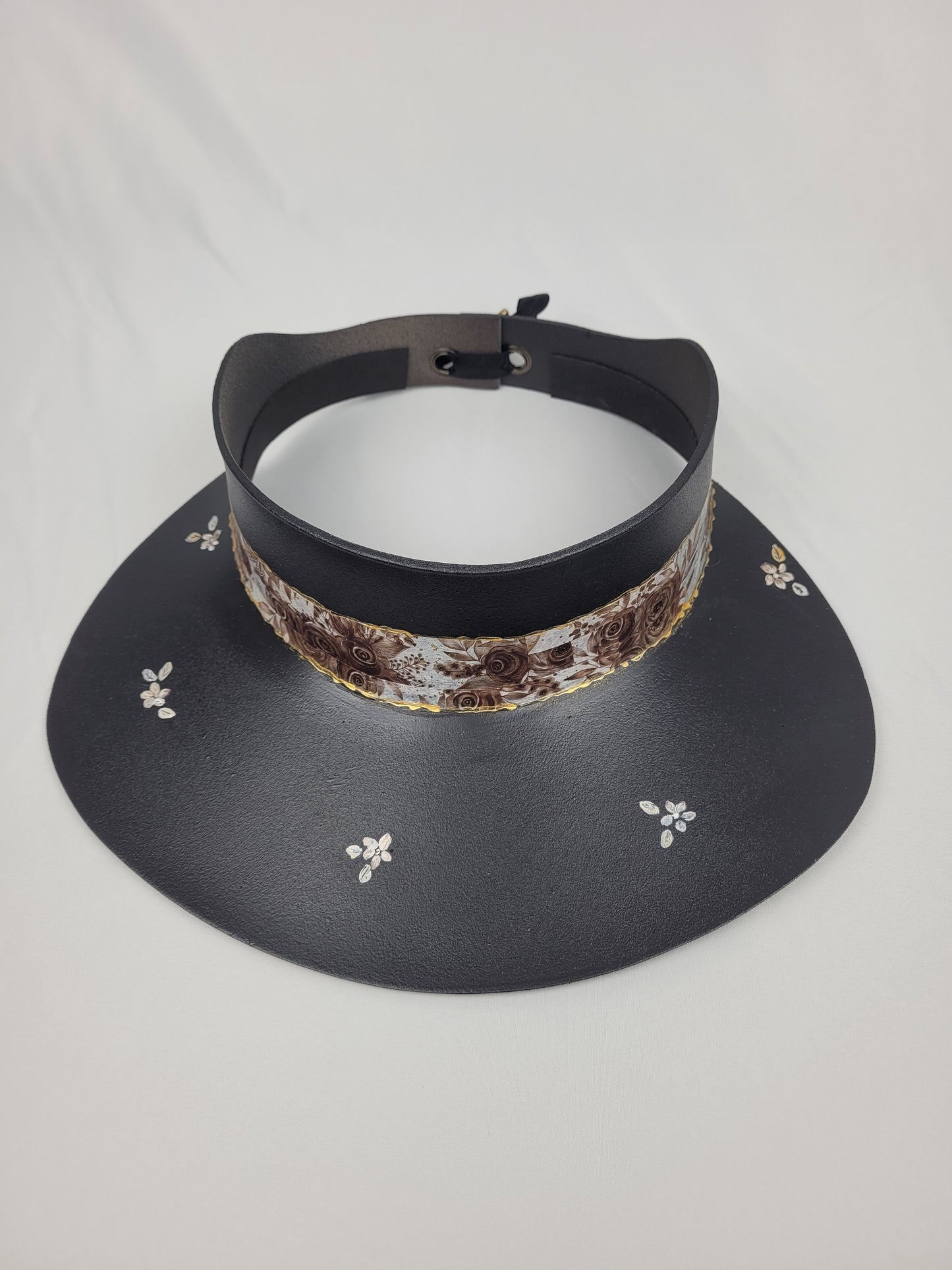 Black "LadyEVA" Visor Hat with Espresso Floral Band, and HandPainted Floral Motif