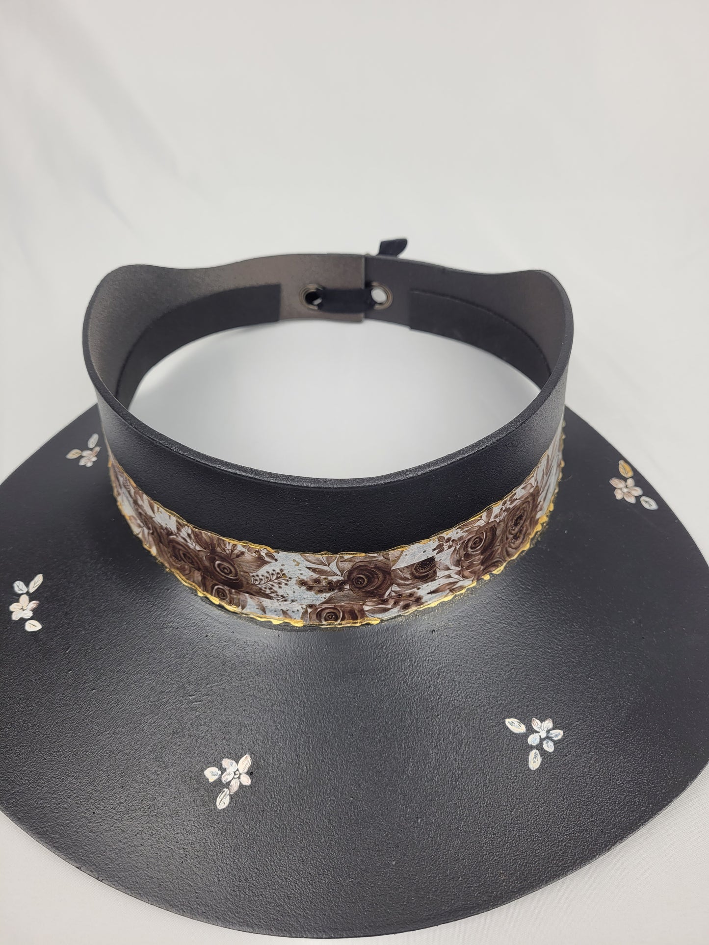 Black Visor Hat - Espresso Floral Band, and Hand Painted Floral Motif