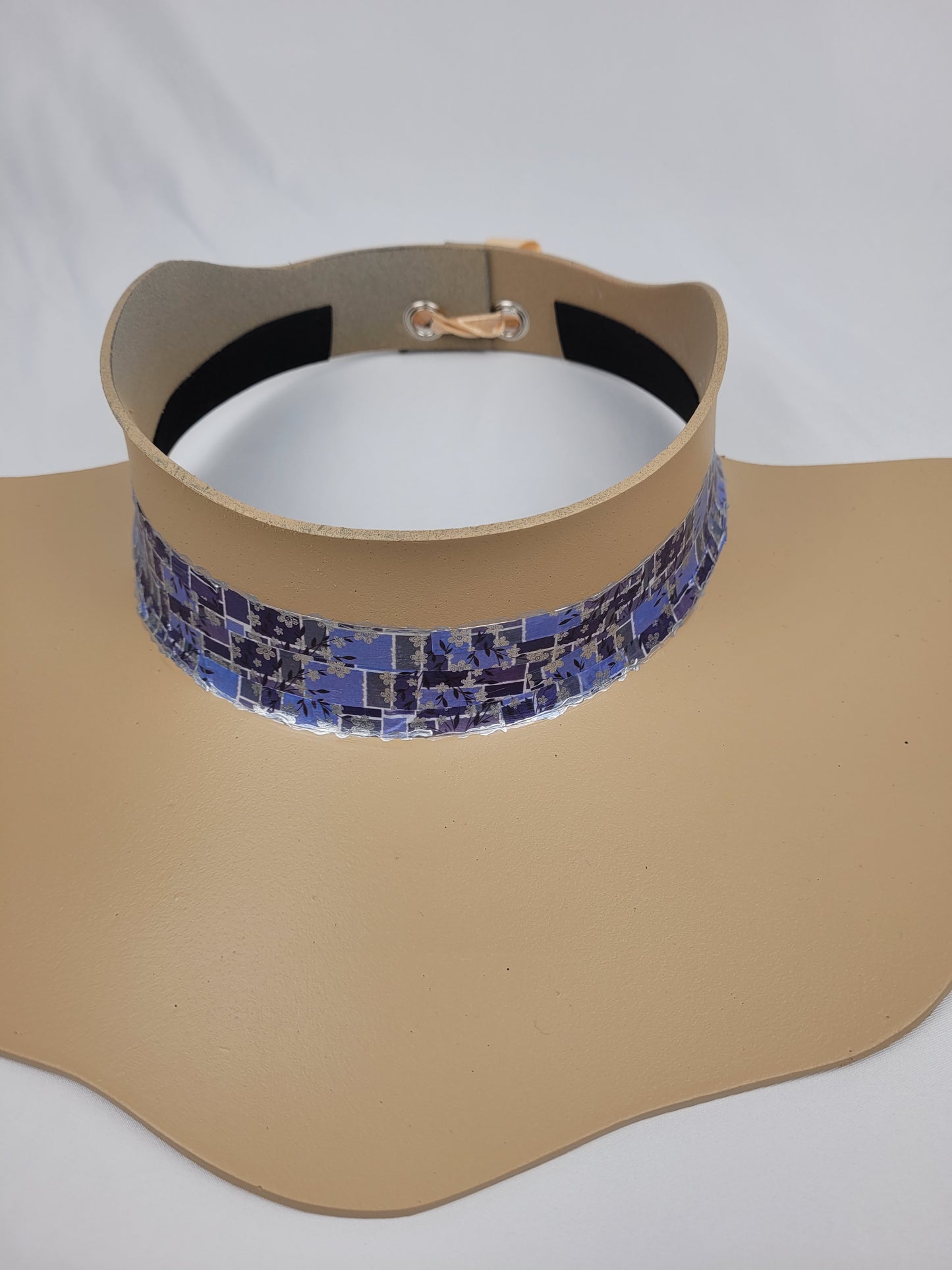 Beige Lotus Visor Hat - Silvery Blue and Purple Floral Band