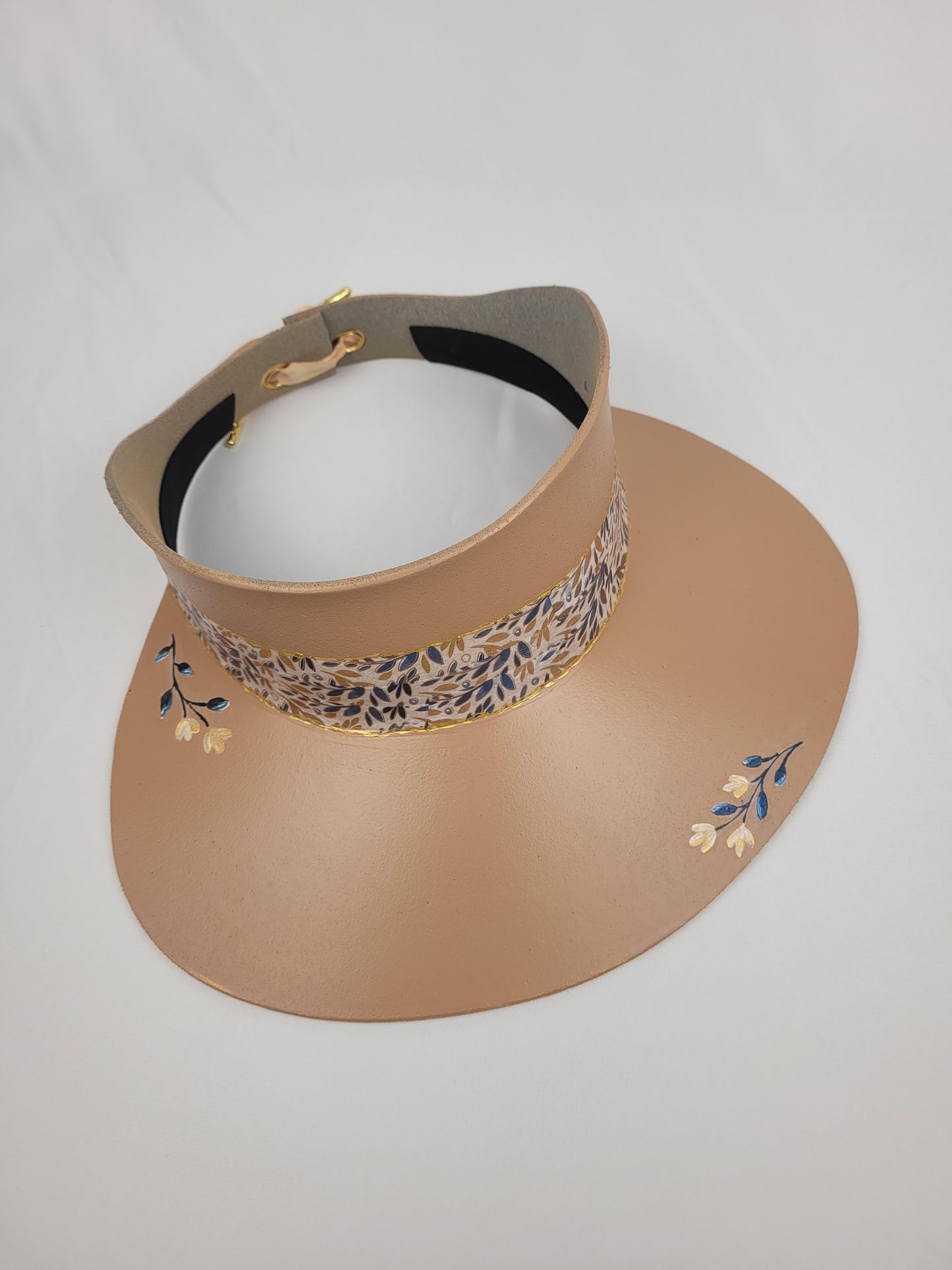 Tall Tan Visor Hat - Blue and Gold Floral Band and Hand painted Floral Motif