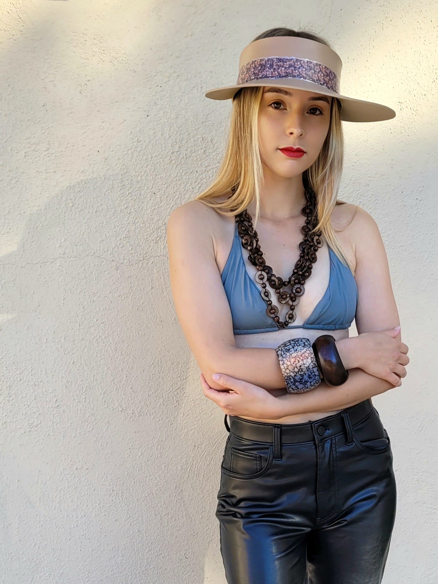 Tan "LadyEVA" Visor Hat with Elegant Purple Floral Band