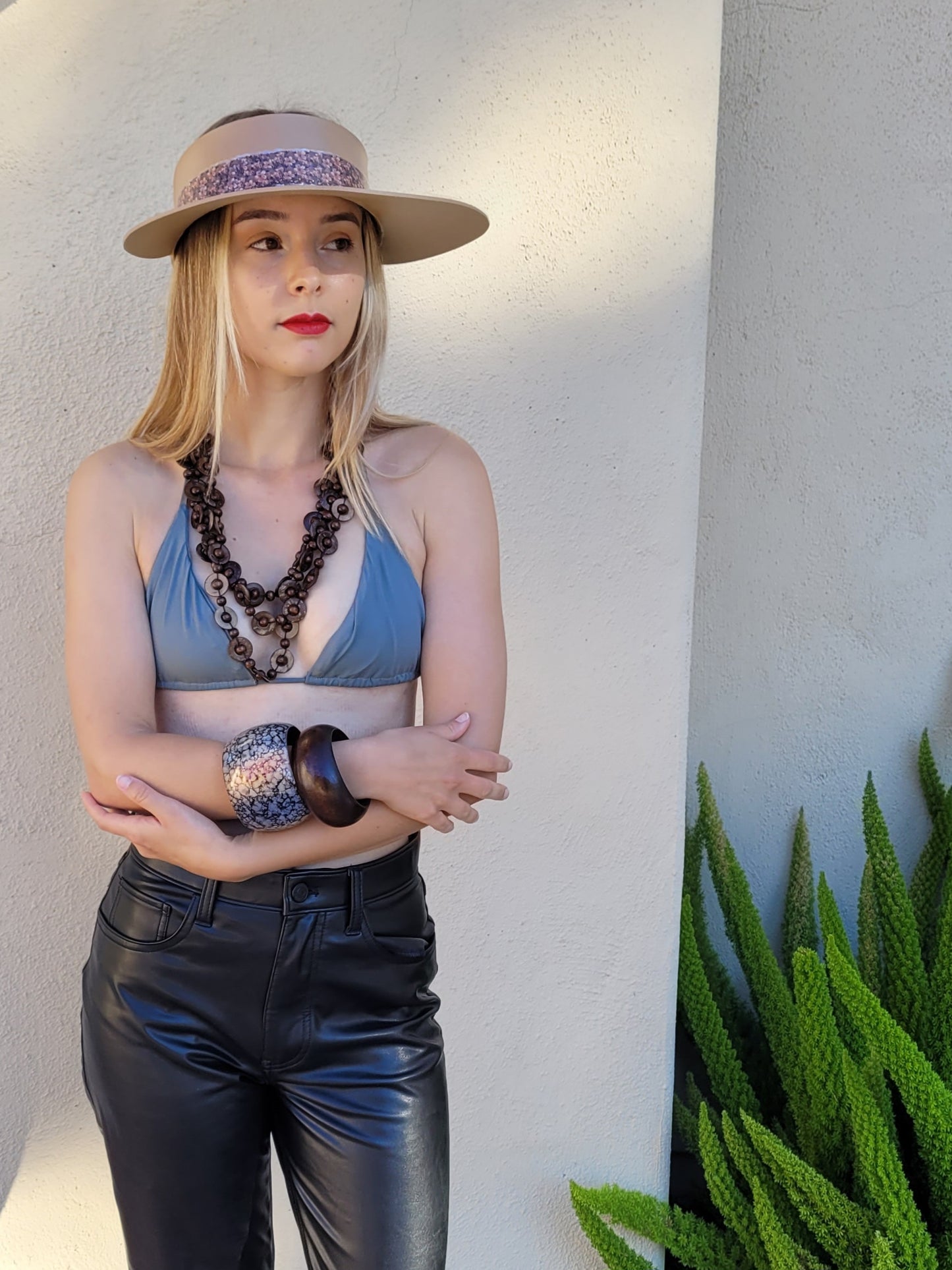 Tan "LadyEVA" Visor Hat with Elegant Purple Floral Band