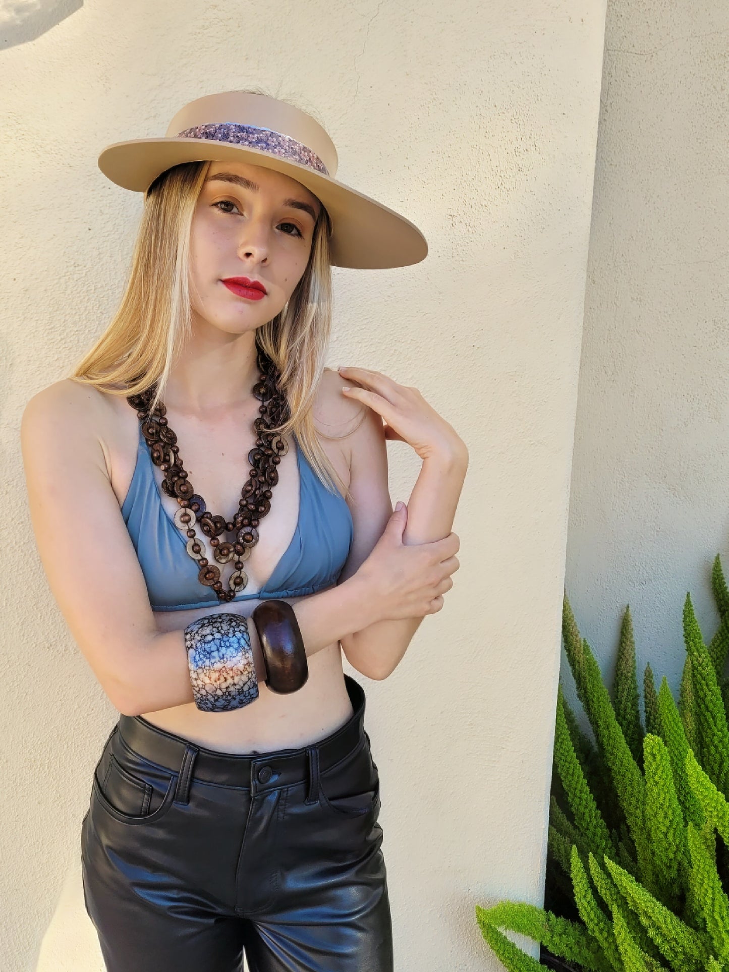 Tan "LadyEVA" Visor Hat with Elegant Purple Floral Band