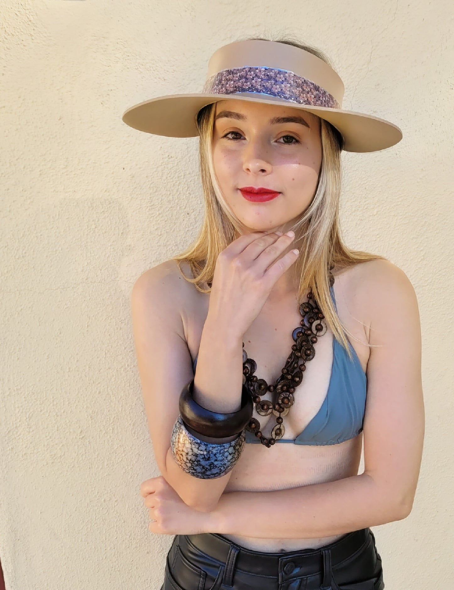 Tan "LadyEVA" Visor Hat with Elegant Purple Floral Band