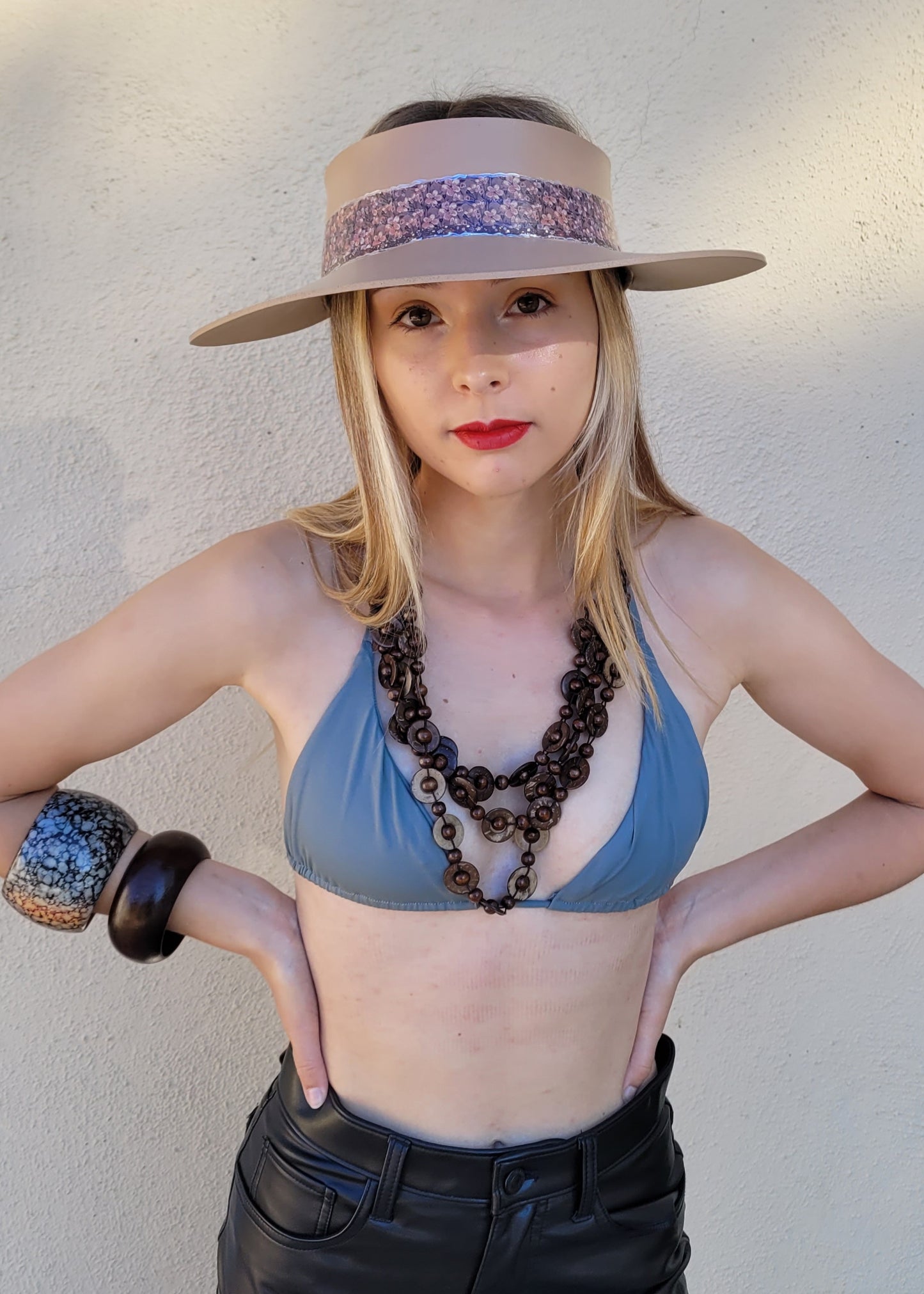 Tan "LadyEVA" Visor Hat with Elegant Purple Floral Band