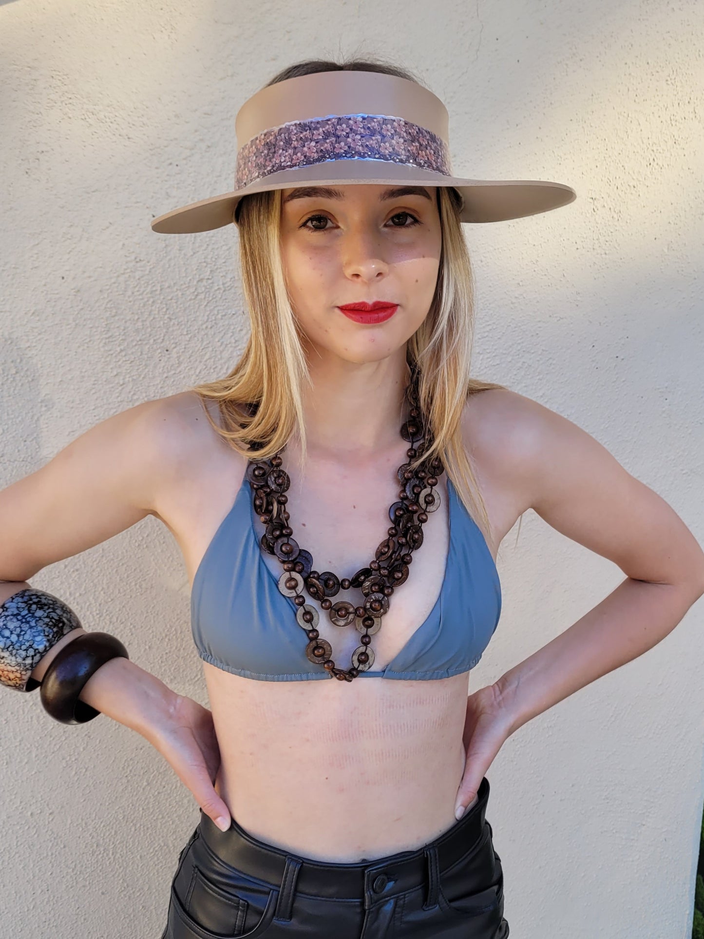 Tan "LadyEVA" Visor Hat with Elegant Purple Floral Band