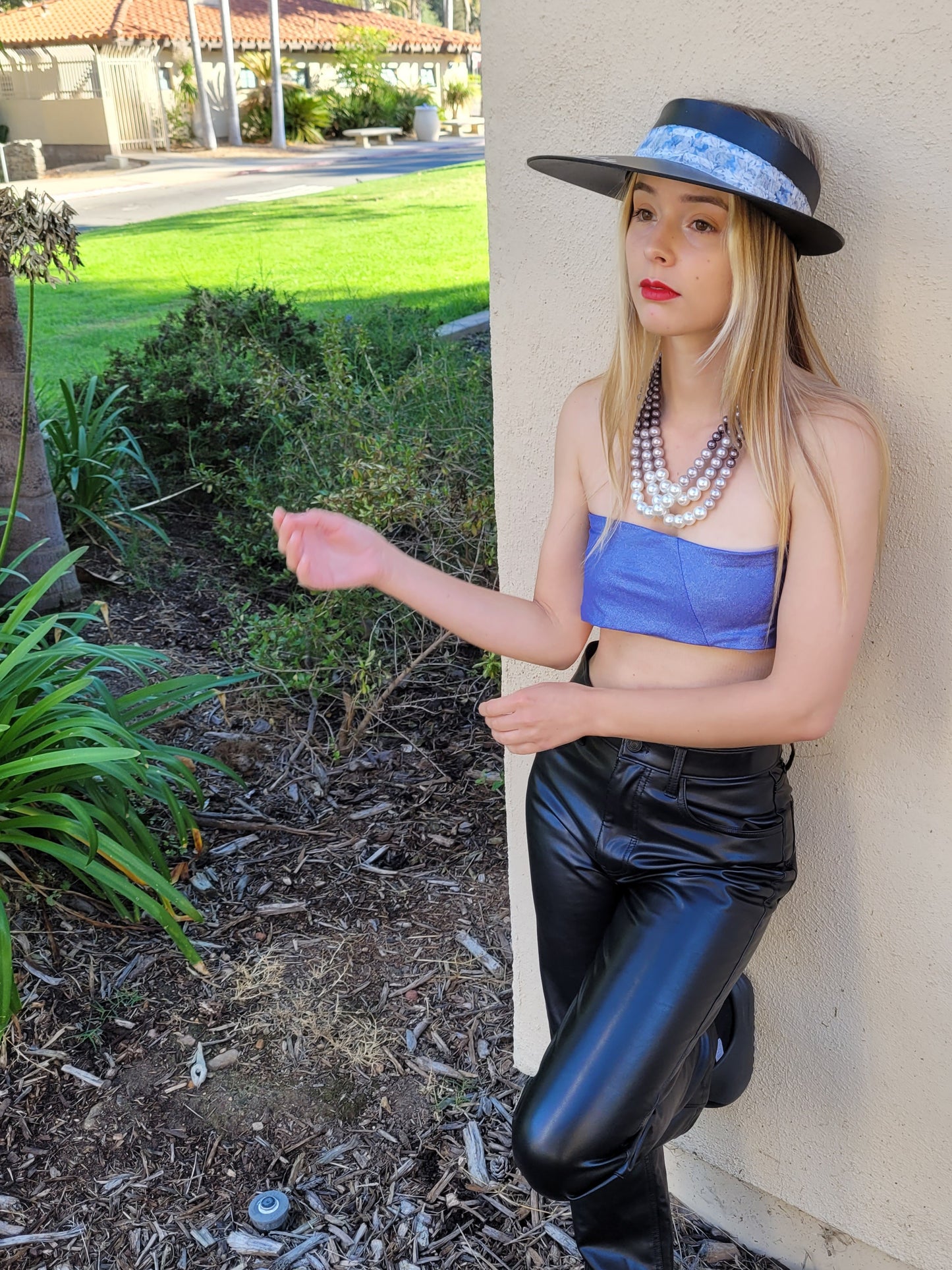 Black "LadyEVA" Visor Hat with Pale Blue Floral Band, Silver Accents and HandPainted Floral Motif