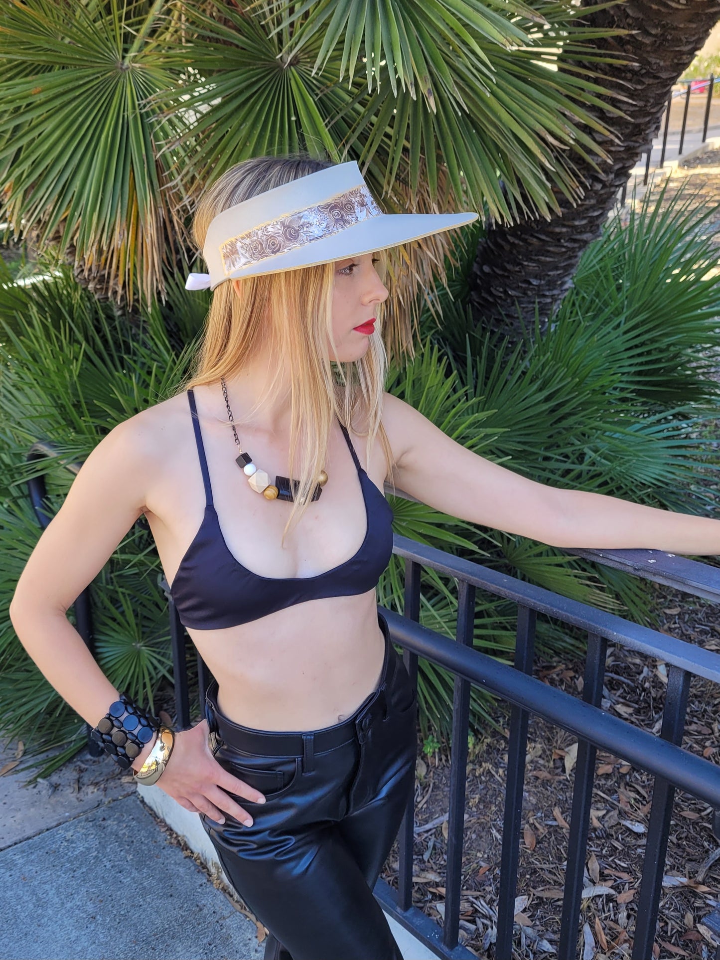 Taupe "LadyEVA" Visor Hat with Golden Autumn Floral Band