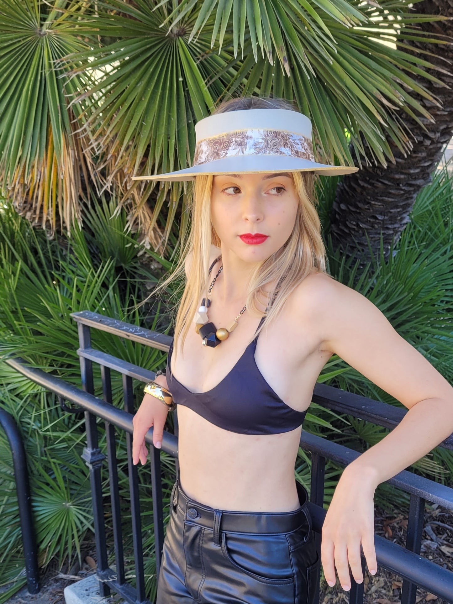 Taupe "LadyEVA" Visor Hat with Golden Autumn Floral Band