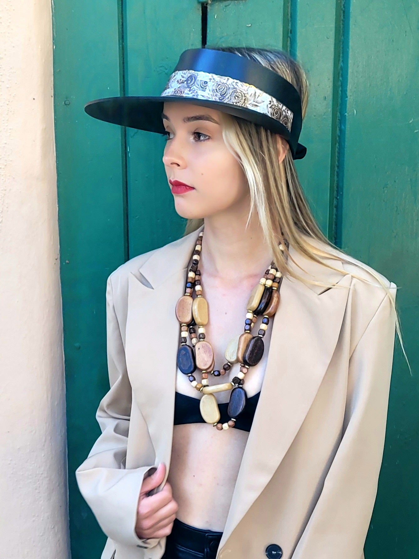 Black "LadyEVA" Visor Hat with Espresso Floral Band, and HandPainted Floral Motif