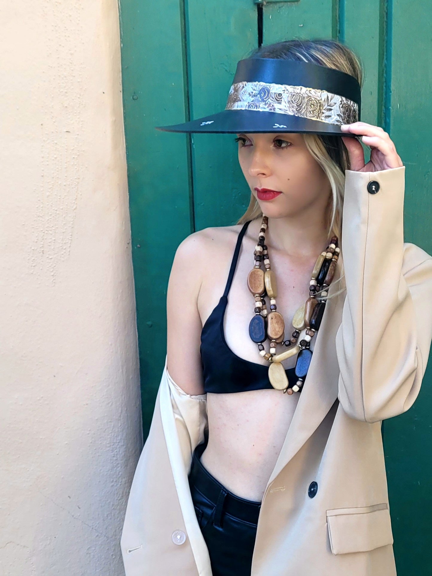 Black "LadyEVA" Visor Hat with Espresso Floral Band, and HandPainted Floral Motif
