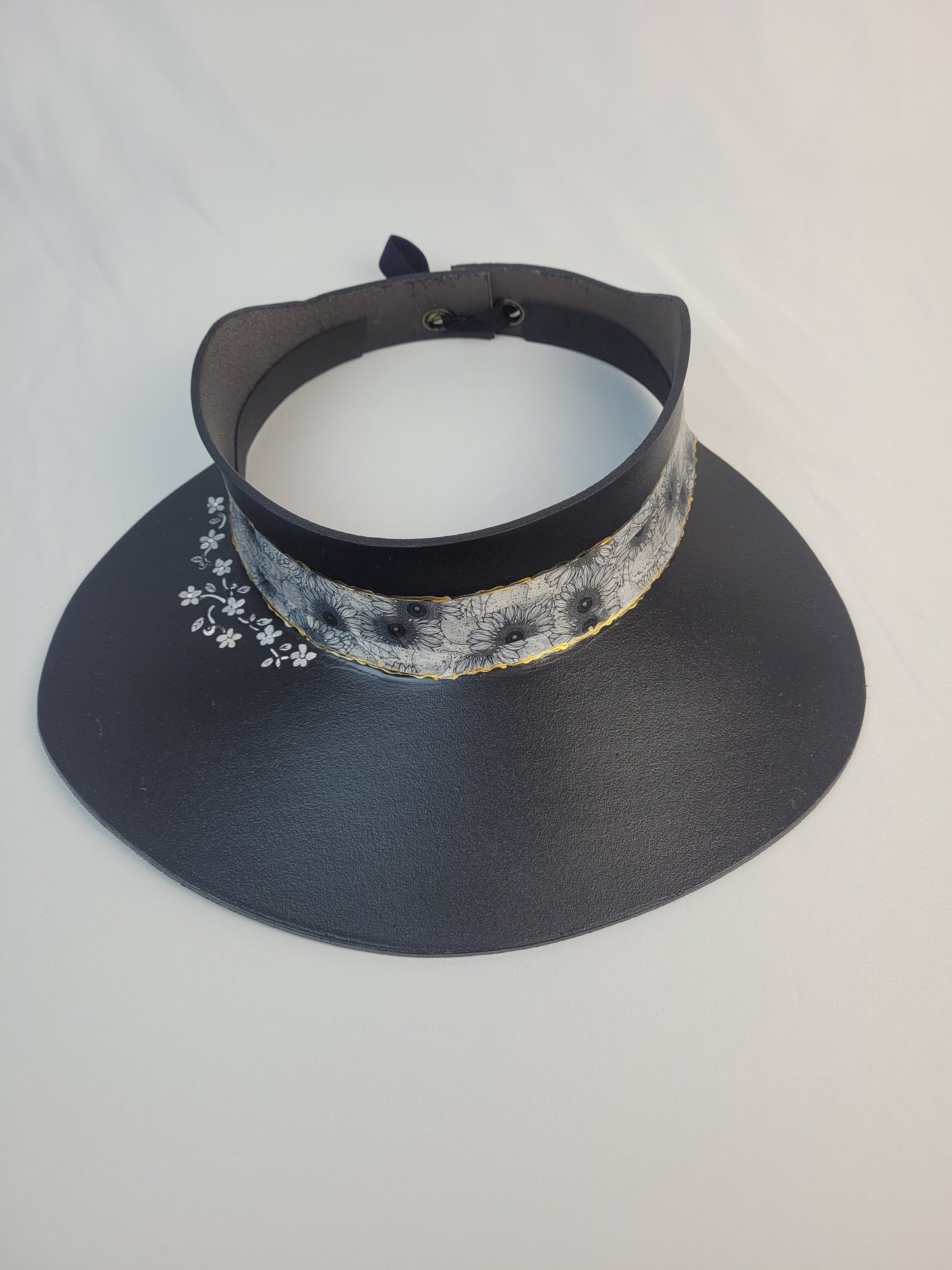Black Visor Hat - Black and White Floral Band and Hand Painted Floral Motif