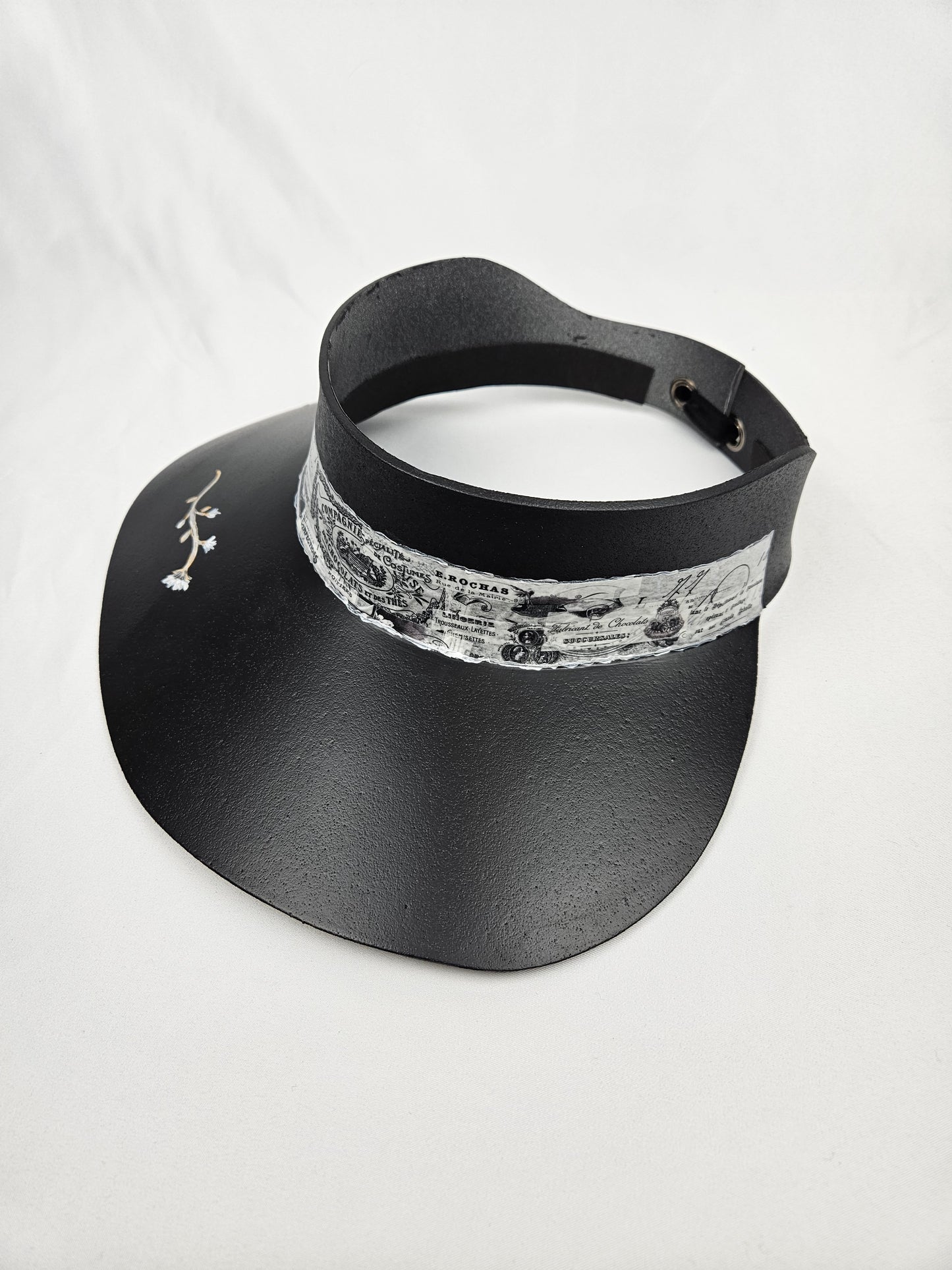 Black Visor Hat - French Themed Band and Hand Painted Floral Motif