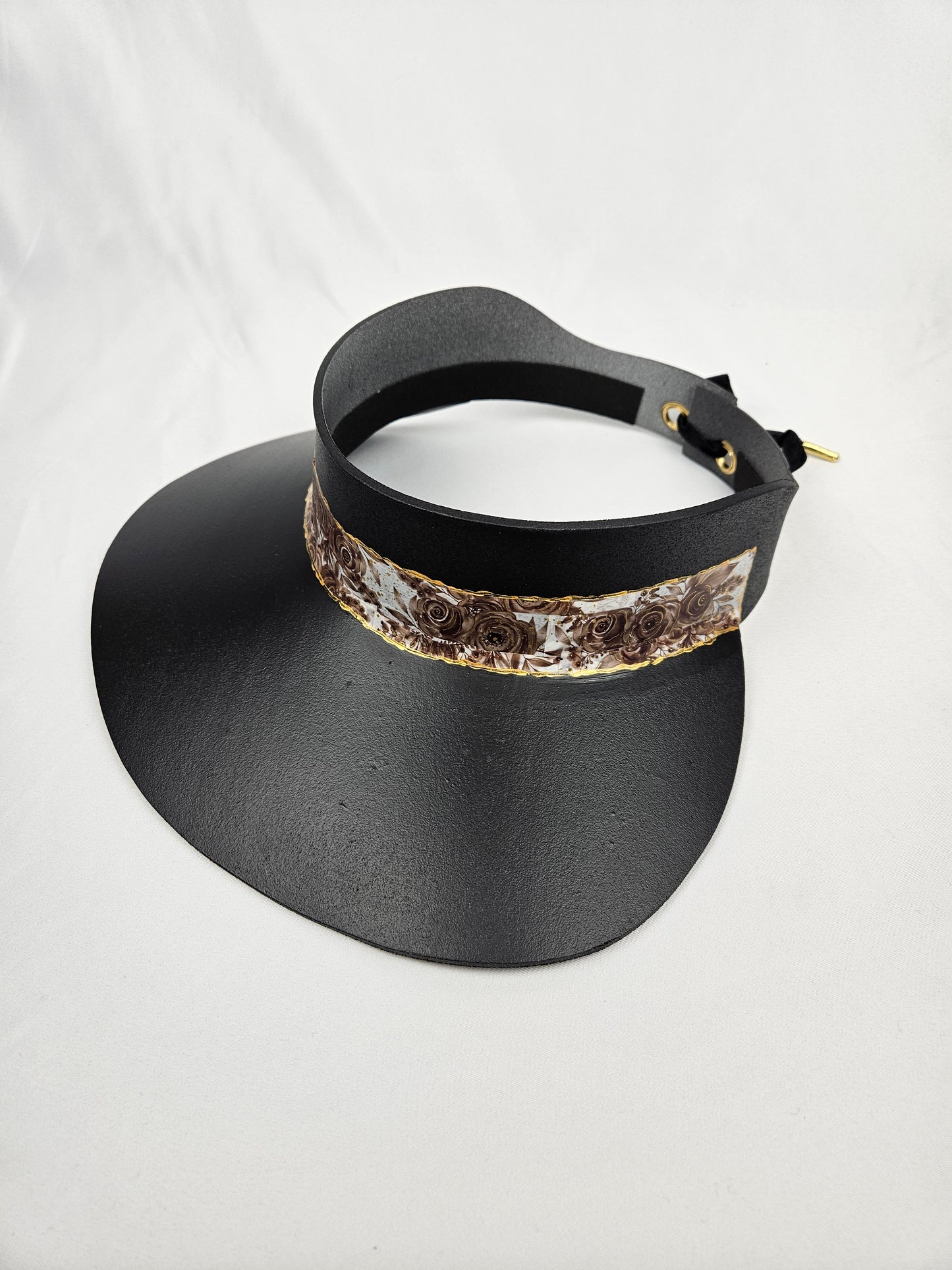 Black Visor Hat - Brown and Golden Floral Band