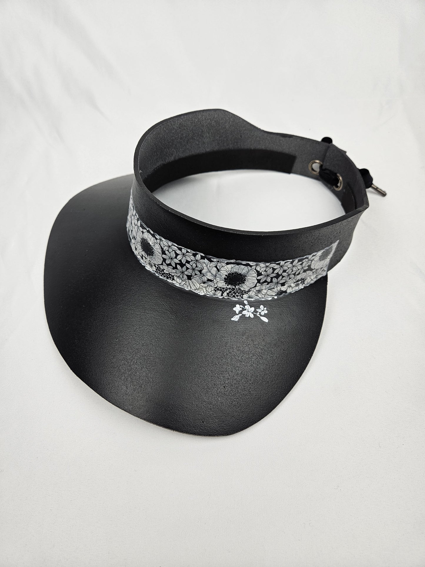 Black Visor Hat - Floral Band and Handpainted Motif