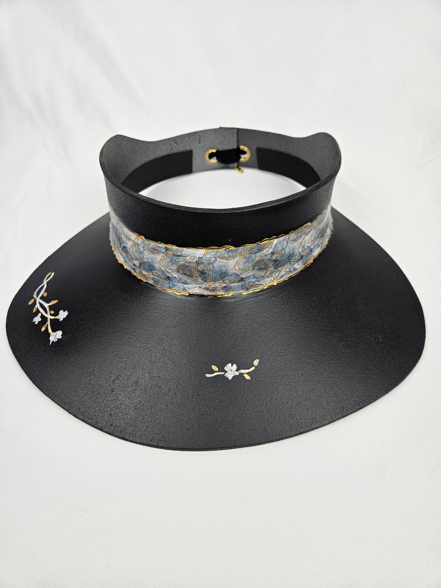 Black Visor Hat - Pale Blue Band and Handpainted Floral Motif