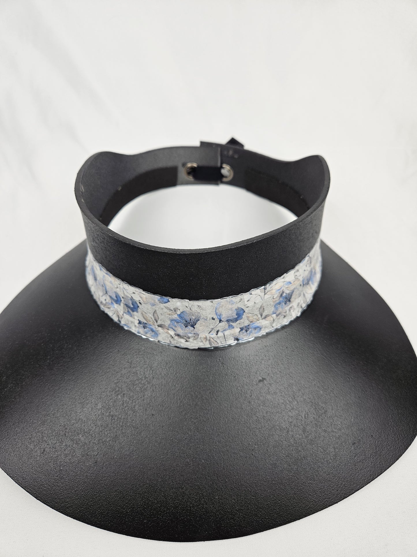 Tall Black Visor Hat - Pale Blue Floral Band