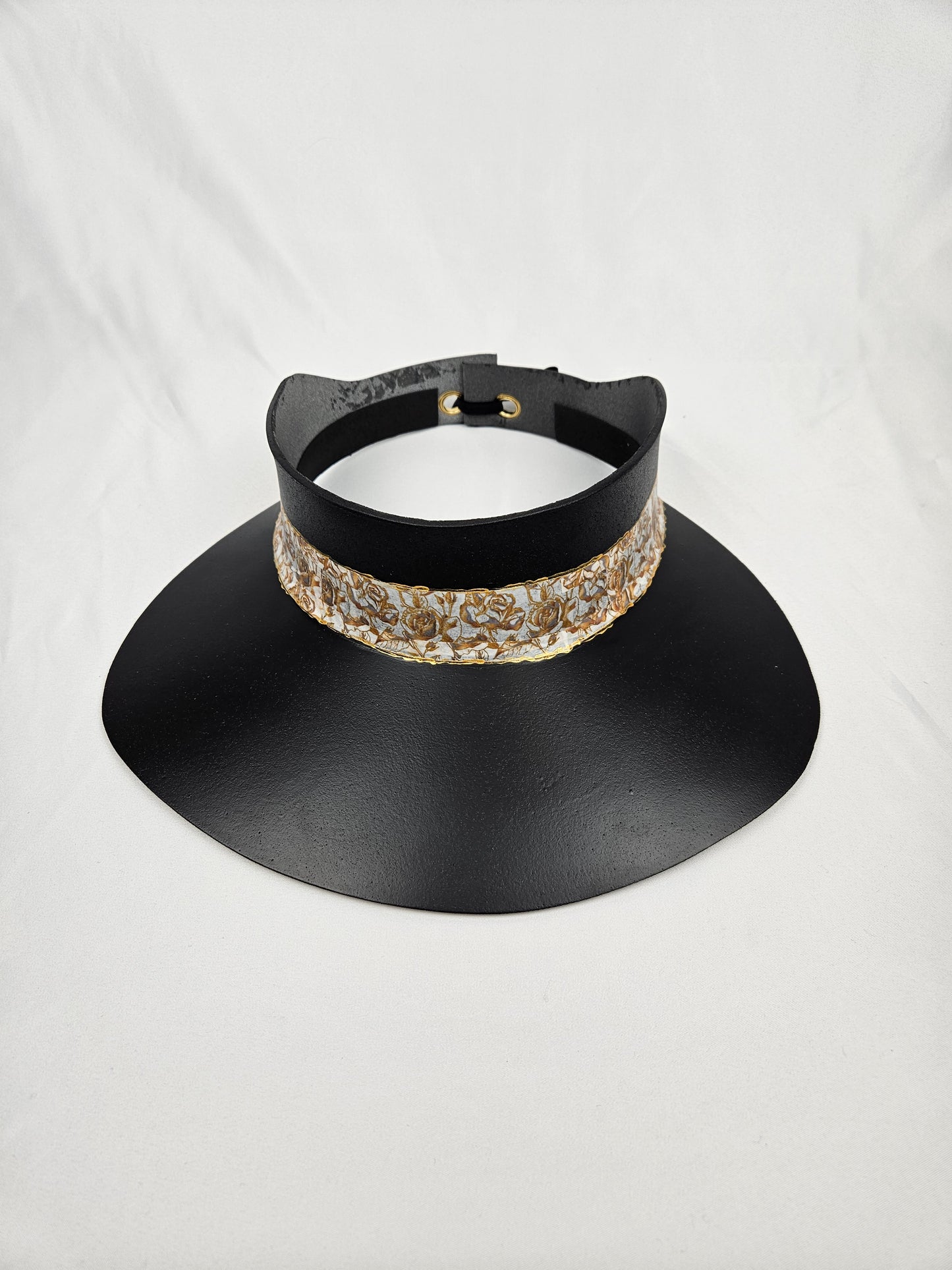 Black "LadyEVA" Visor Hat with Golden Floral Band