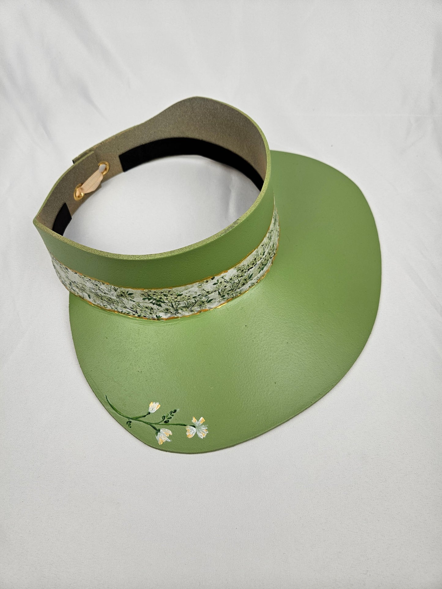 Light Green Visor Hat - Bright Green Garden Band and Handpainted Floral Motif