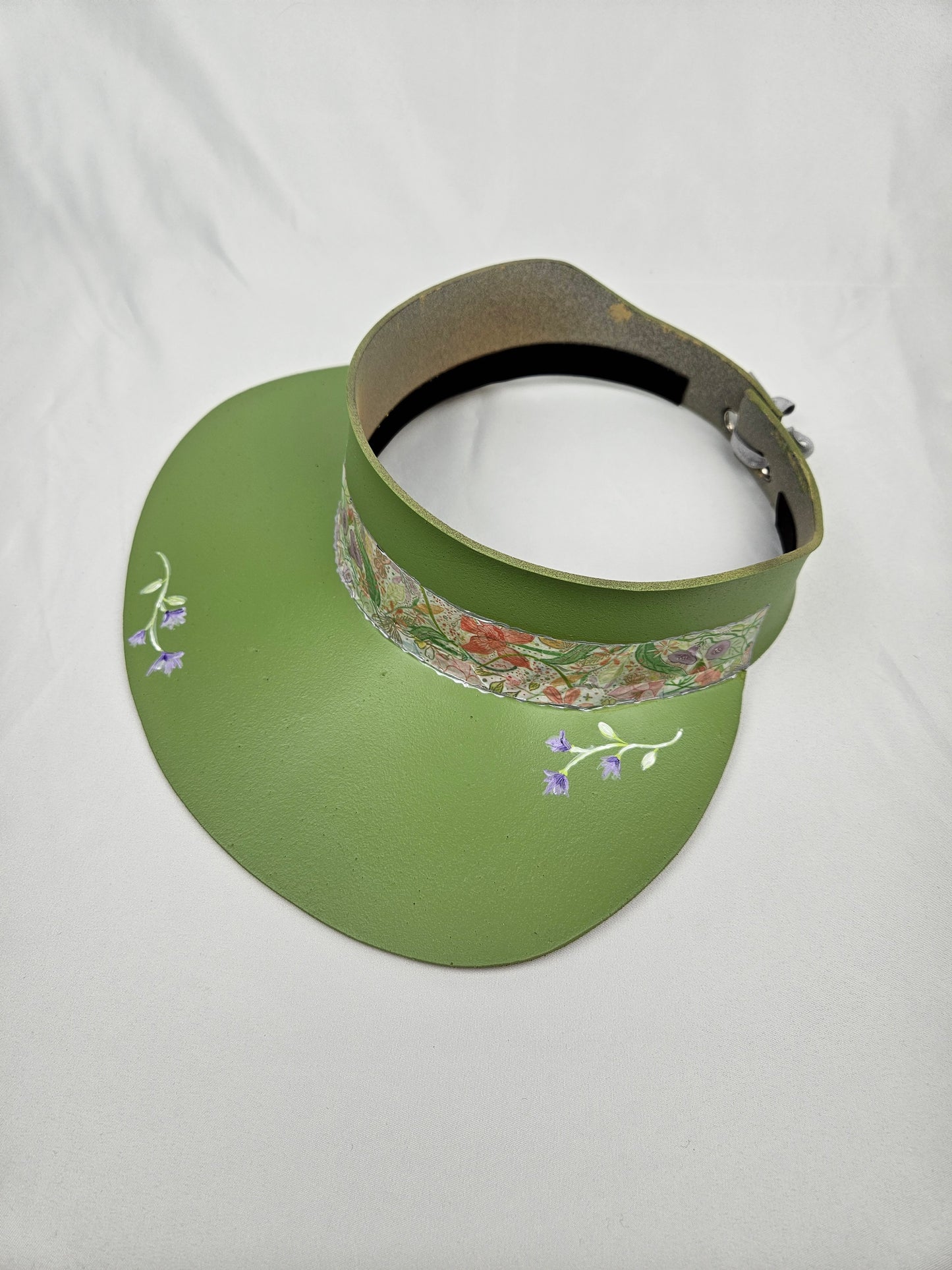 Green Visor Hat - Bright Pastel Band and Hand painted Floral Motif