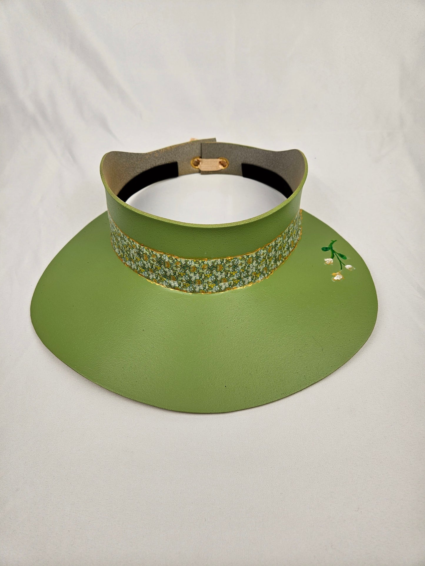 Light Green Visor Hat - Green Floral Band and Hand painted Motif