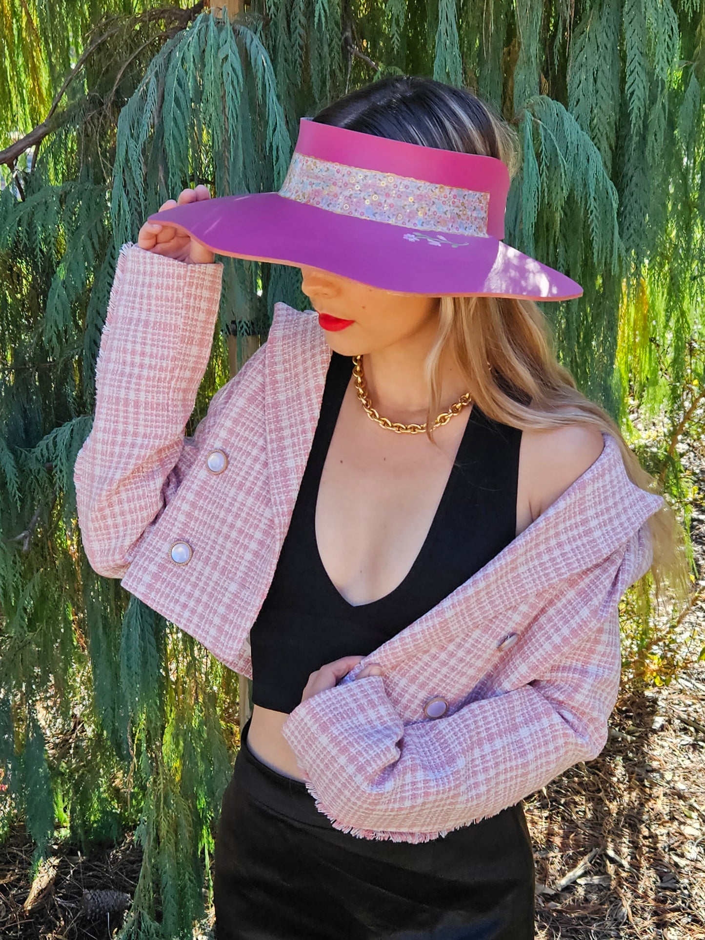 Pink Lotus Visor Hat with Floral Band and Handpainted Floral Motif