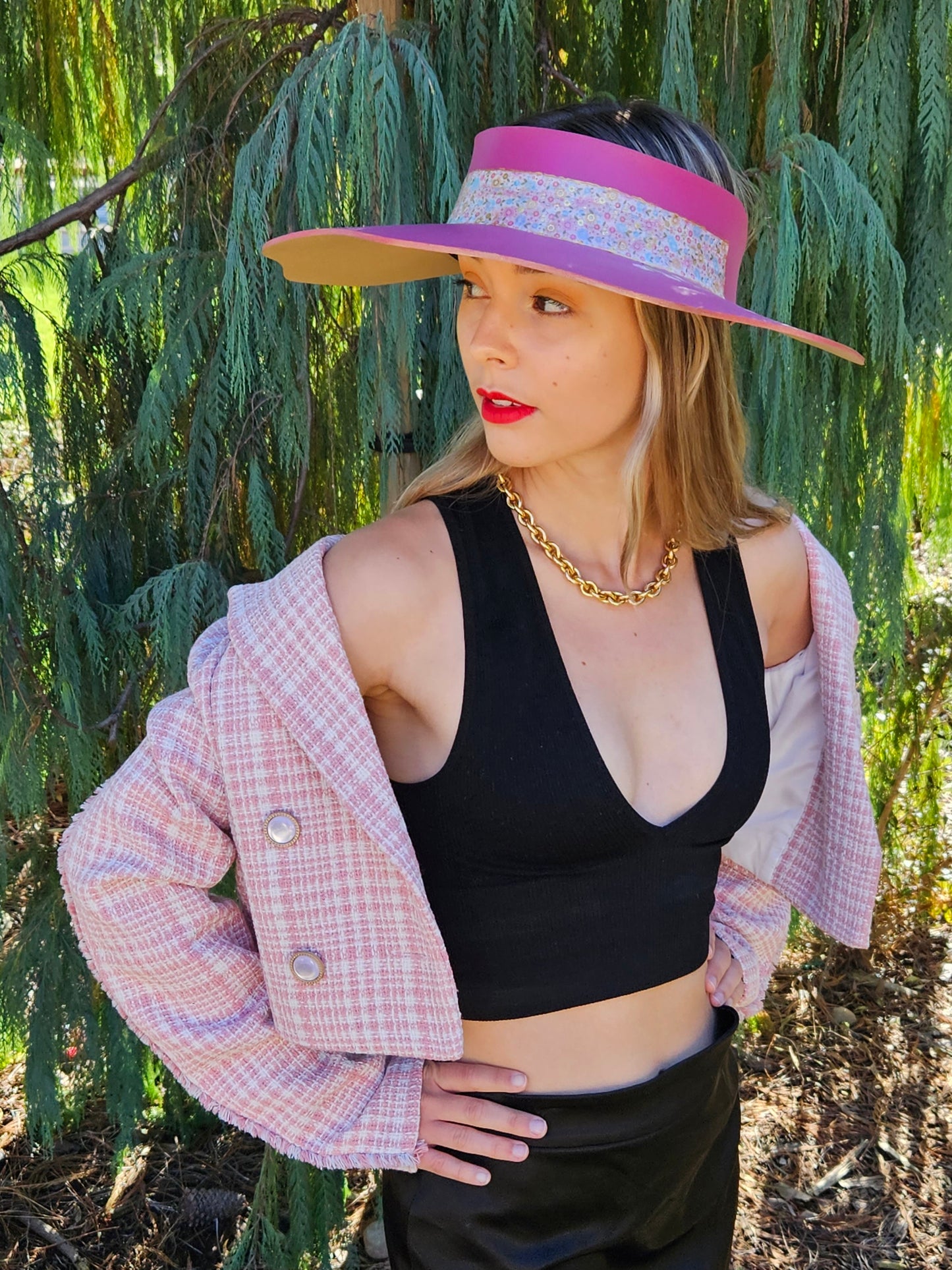 Pink Lotus Visor Hat with Floral Band and Handpainted Floral Motif