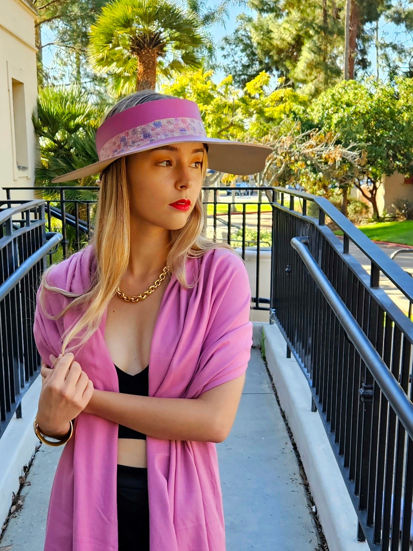 Pink Lotus Visor Hat - Floral Band and Handpainted Floral Motif