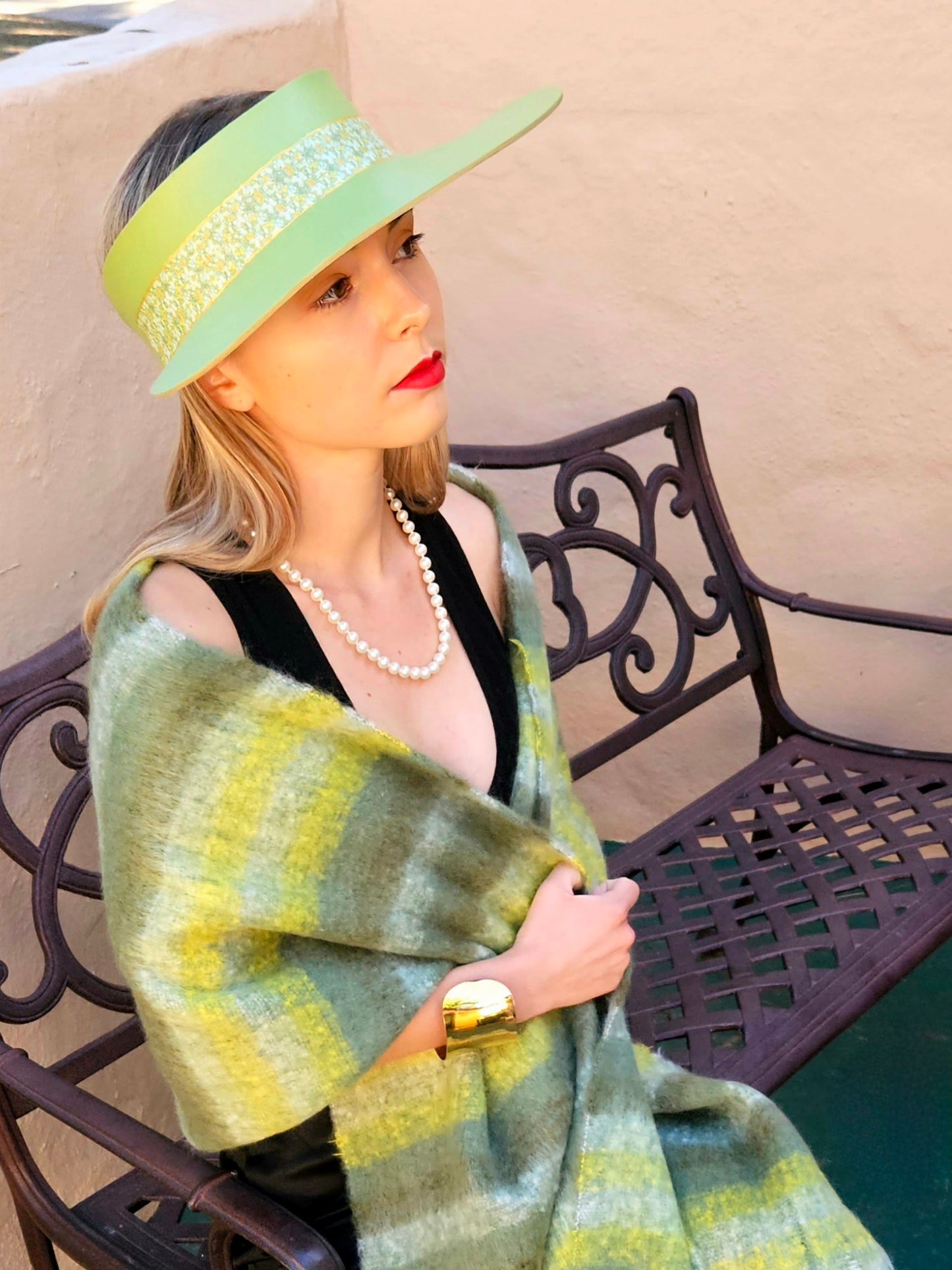 Green "LadyEVA" Visor Hat with Green Floral Band and Handpainted Motif