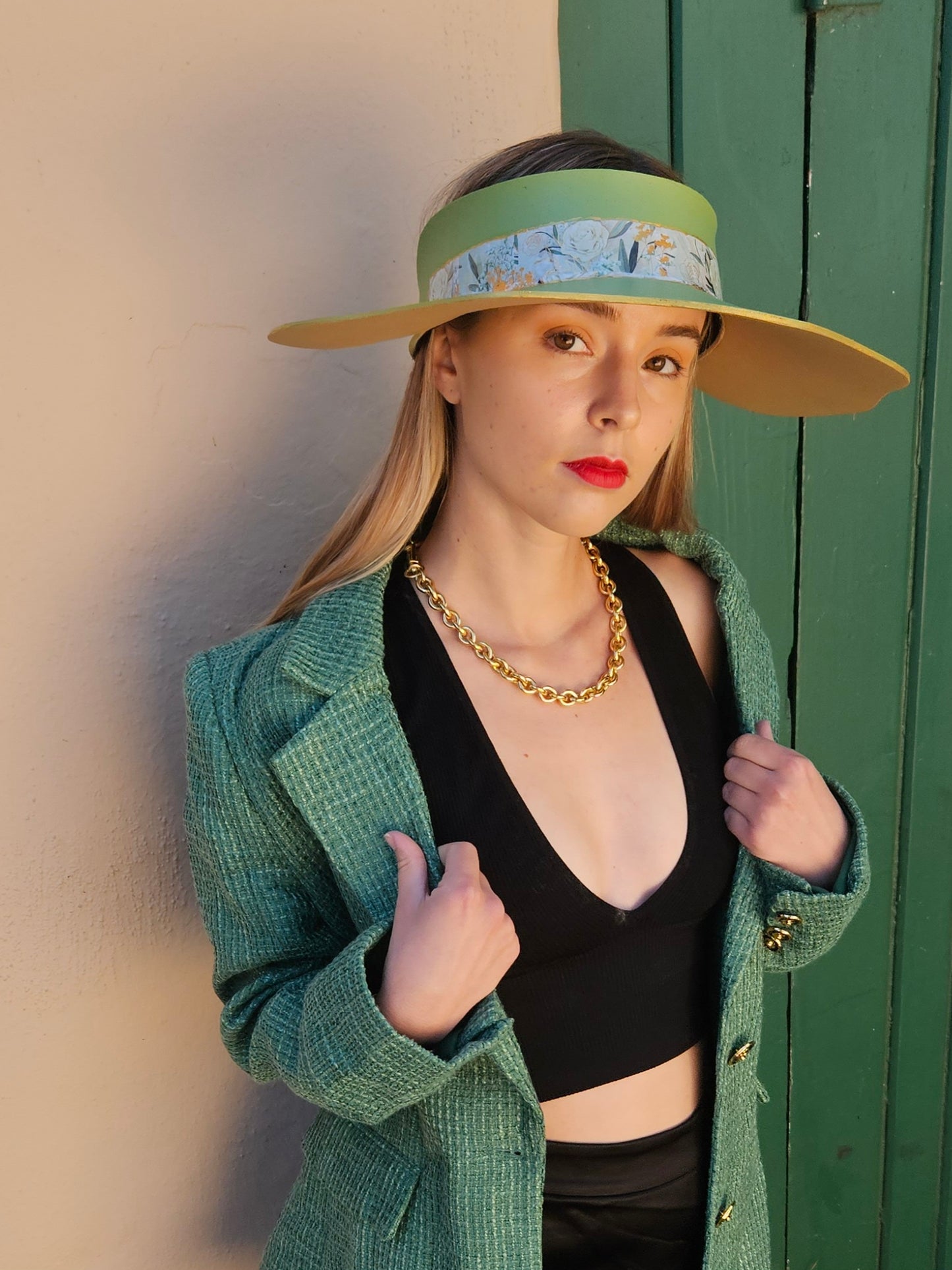Green Lotus Visor Hat - White and Green Floral Band