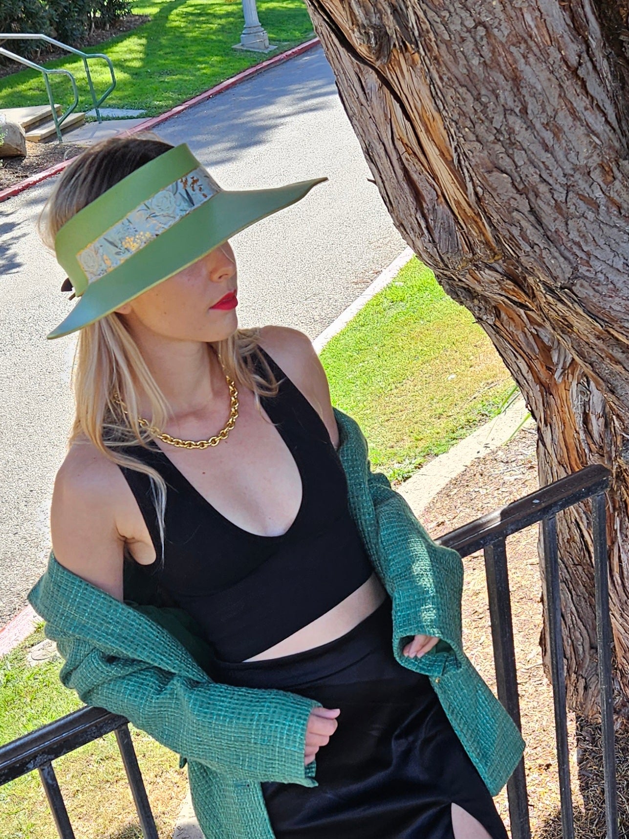 Green Lotus Visor Hat with White and Green Floral Band