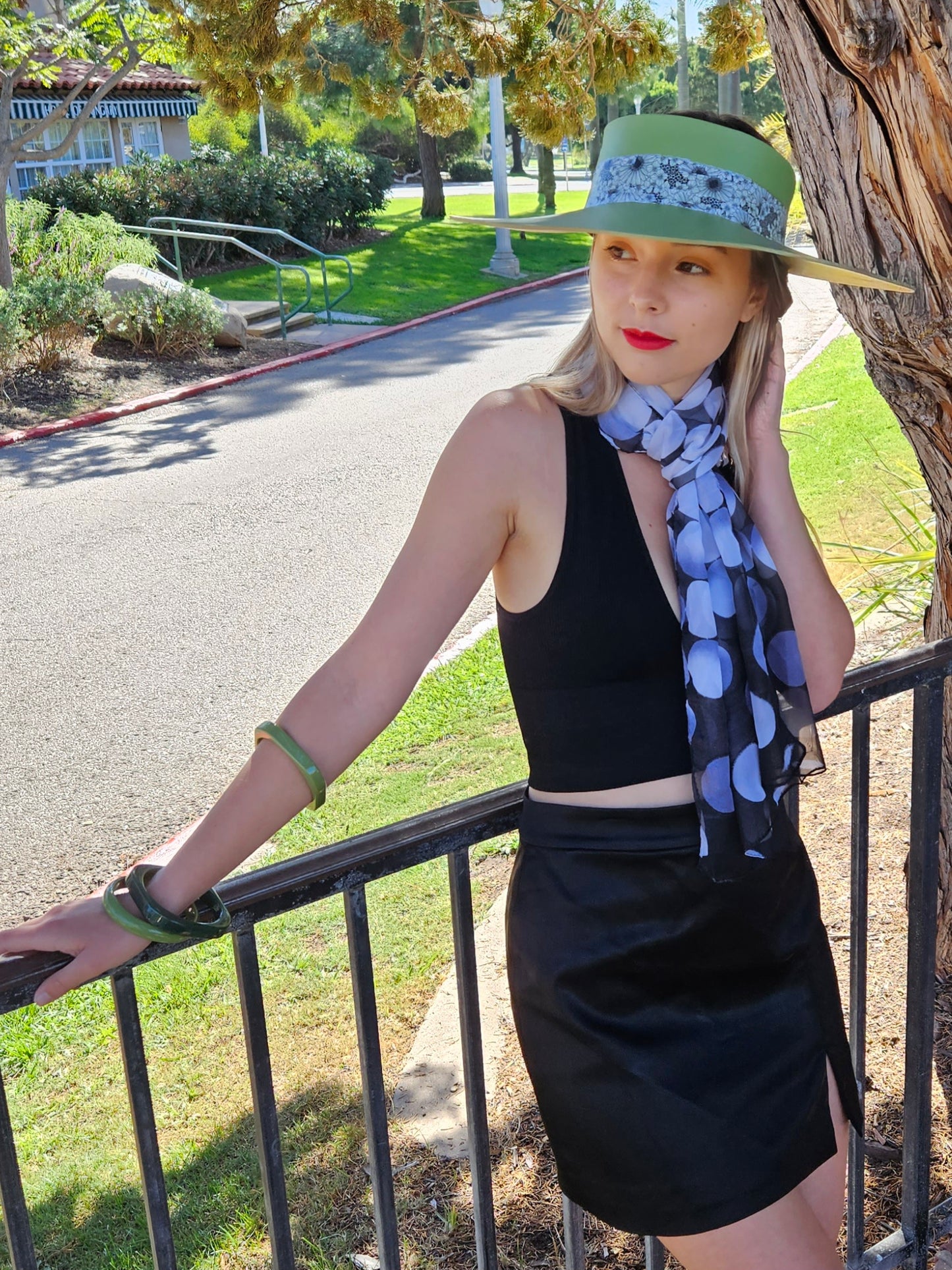 Green Lotus Visor Hat with Black and White Floral Band