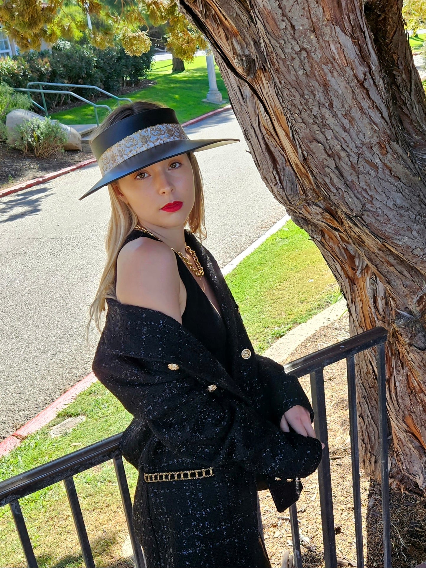 Black "LadyEVA" Visor Hat with Golden Floral Band